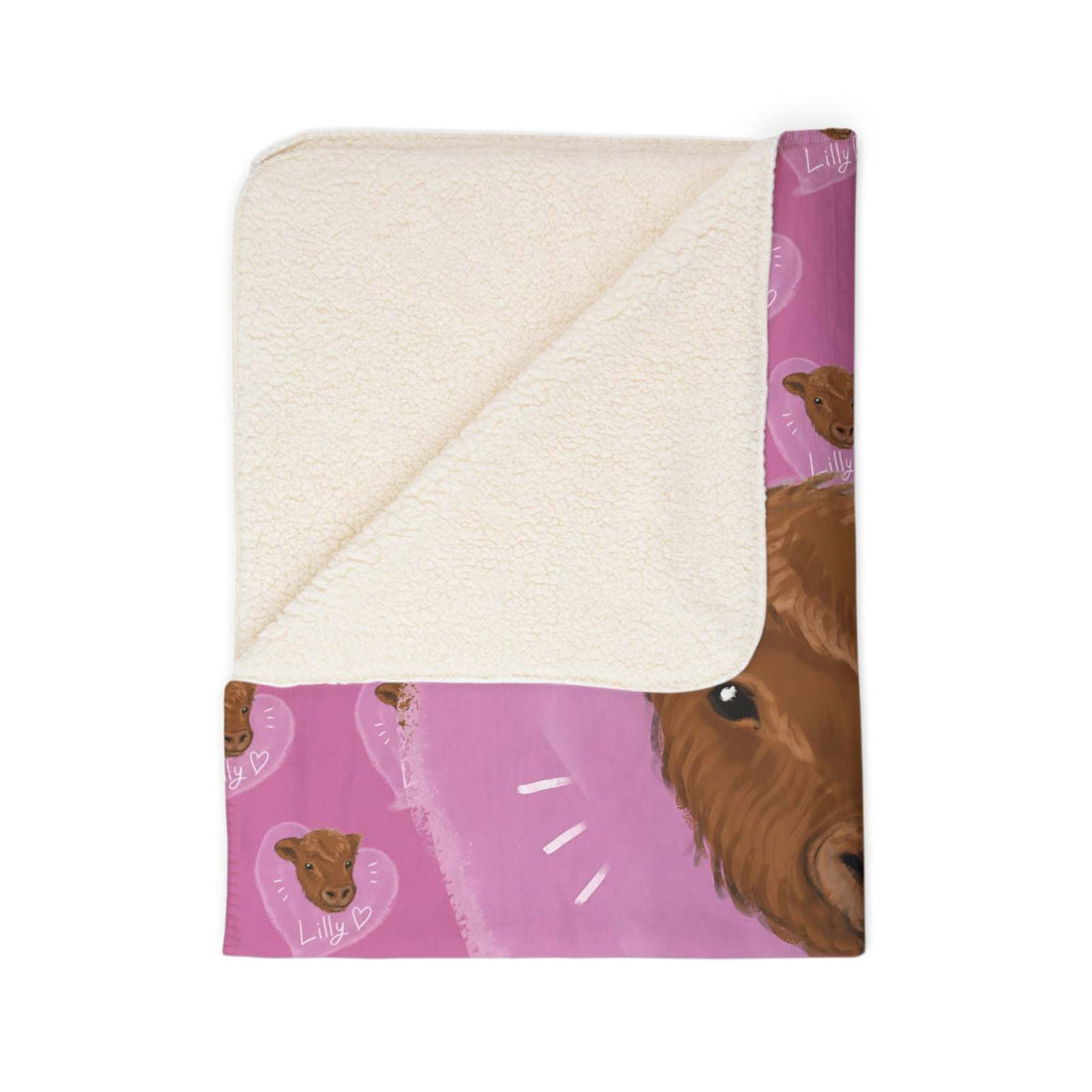 Soft Farm Animal Sherpa Blanket with cow design and cream sherpa fleece lining