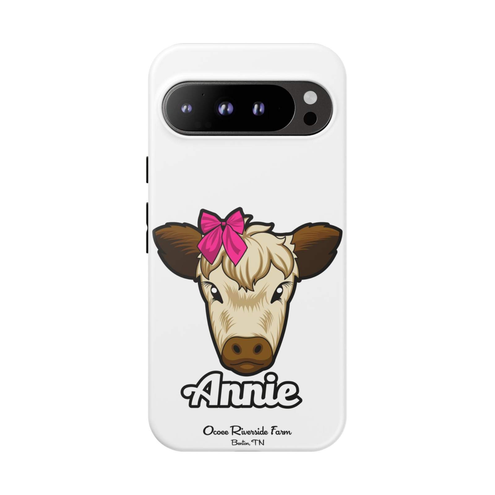 Cute cow phone case with red bow, ideal farm animal lover gift.