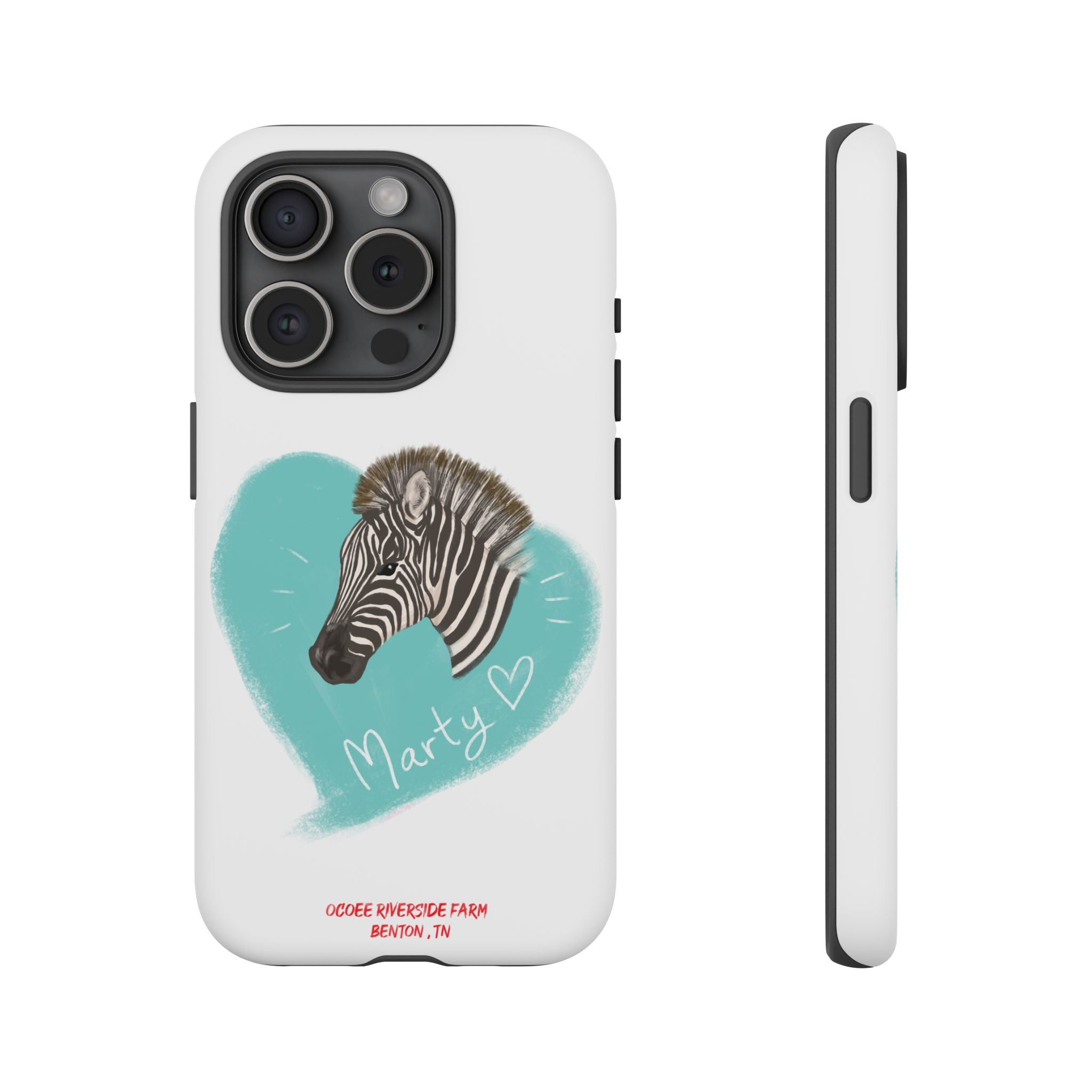 A zebra adorned with the word "Marty" creatively integrated into its stripes at Ocoee Riverside Farm Phone Case