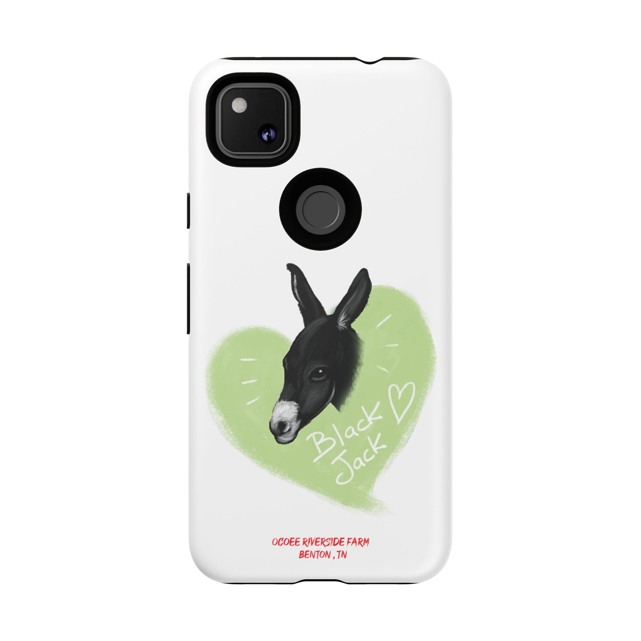 A donkey featuring the words "Black Jack" prominently displayed on its side at Ocoee Riverside Farm Phone Case