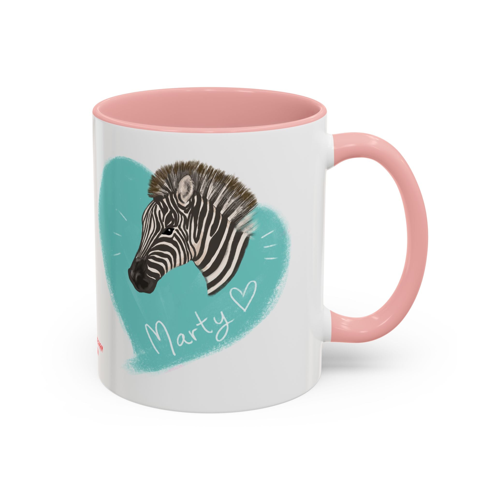 A zebra adorned with the word "Marty" creatively integrated into its stripes at Ocoee Riverside Farm Coffee Mug