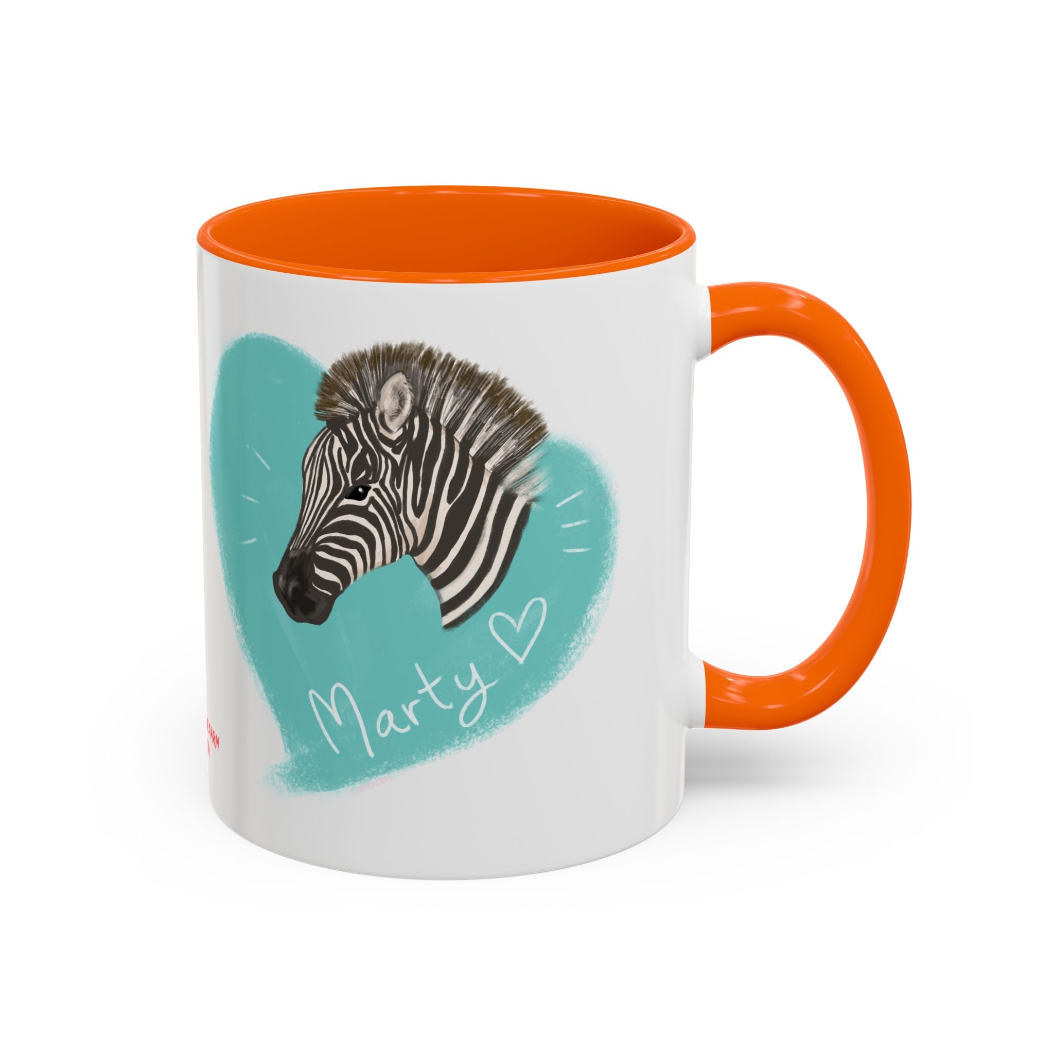 A zebra adorned with the word "Marty" creatively integrated into its stripes at Ocoee Riverside Farm Coffee Mug