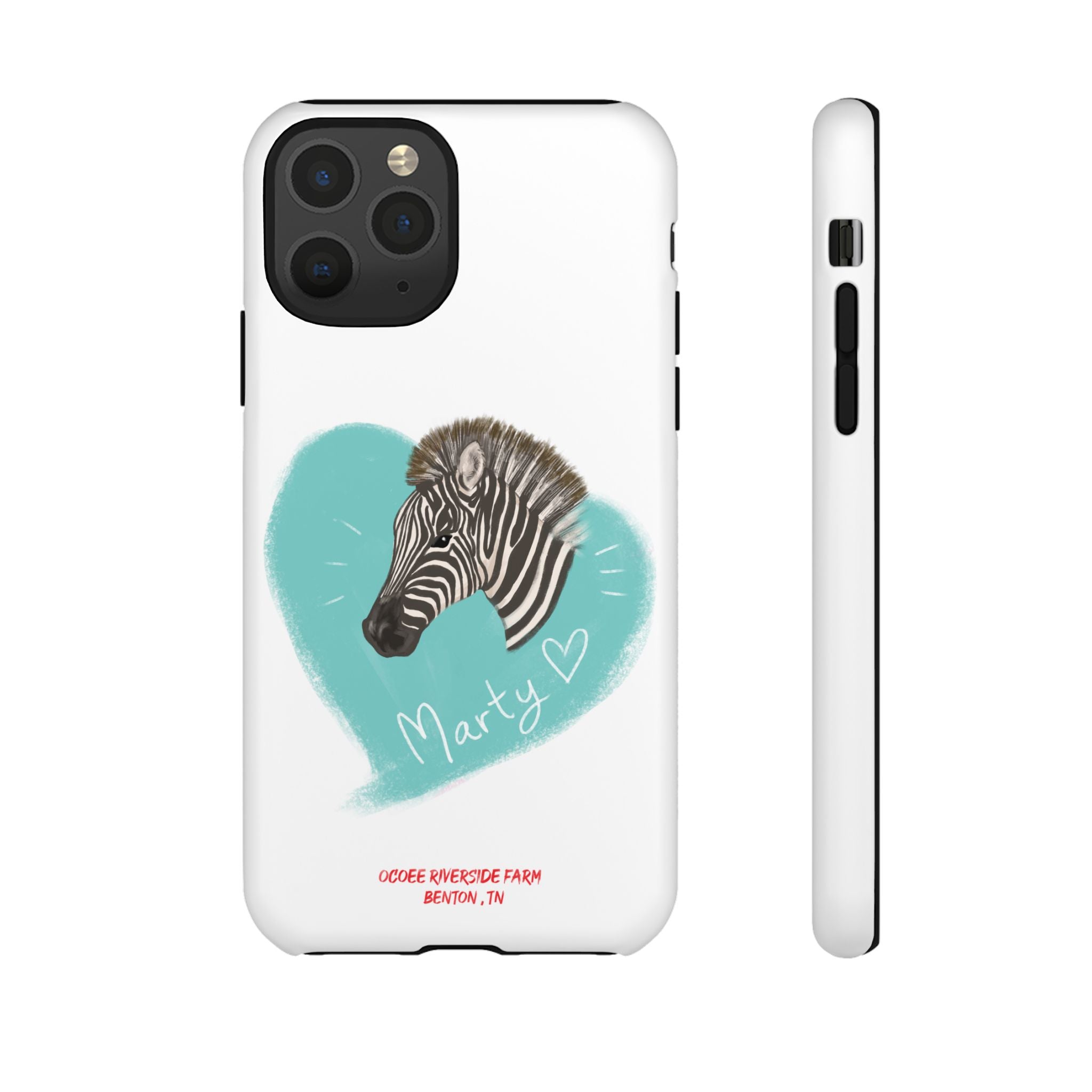A zebra adorned with the word "Marty" creatively integrated into its stripes at Ocoee Riverside Farm Phone Case