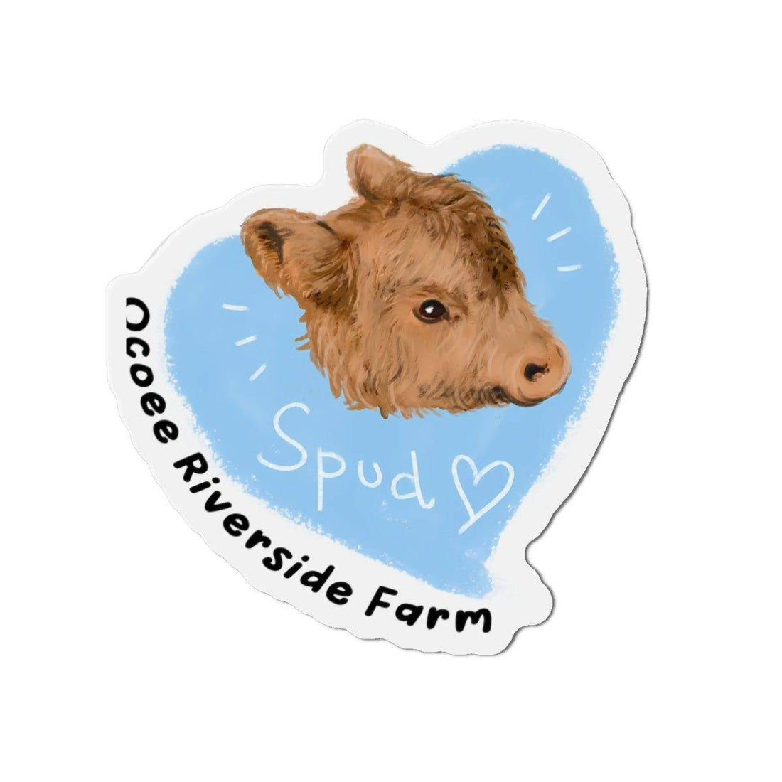 Farm Animal Decor Magnet featuring a charming cow head illustration on a blue heart background with "Spud" and "Ocoee Riverside Farm" text.