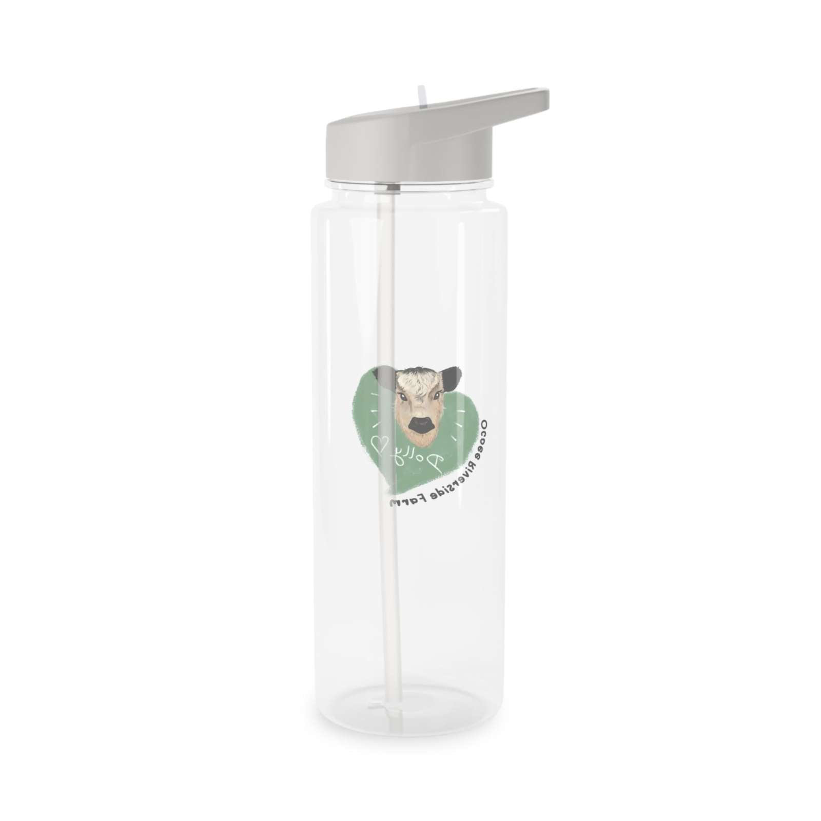 Clear farm-themed water bottle with cow face design and gray spill-resistant lid with straw