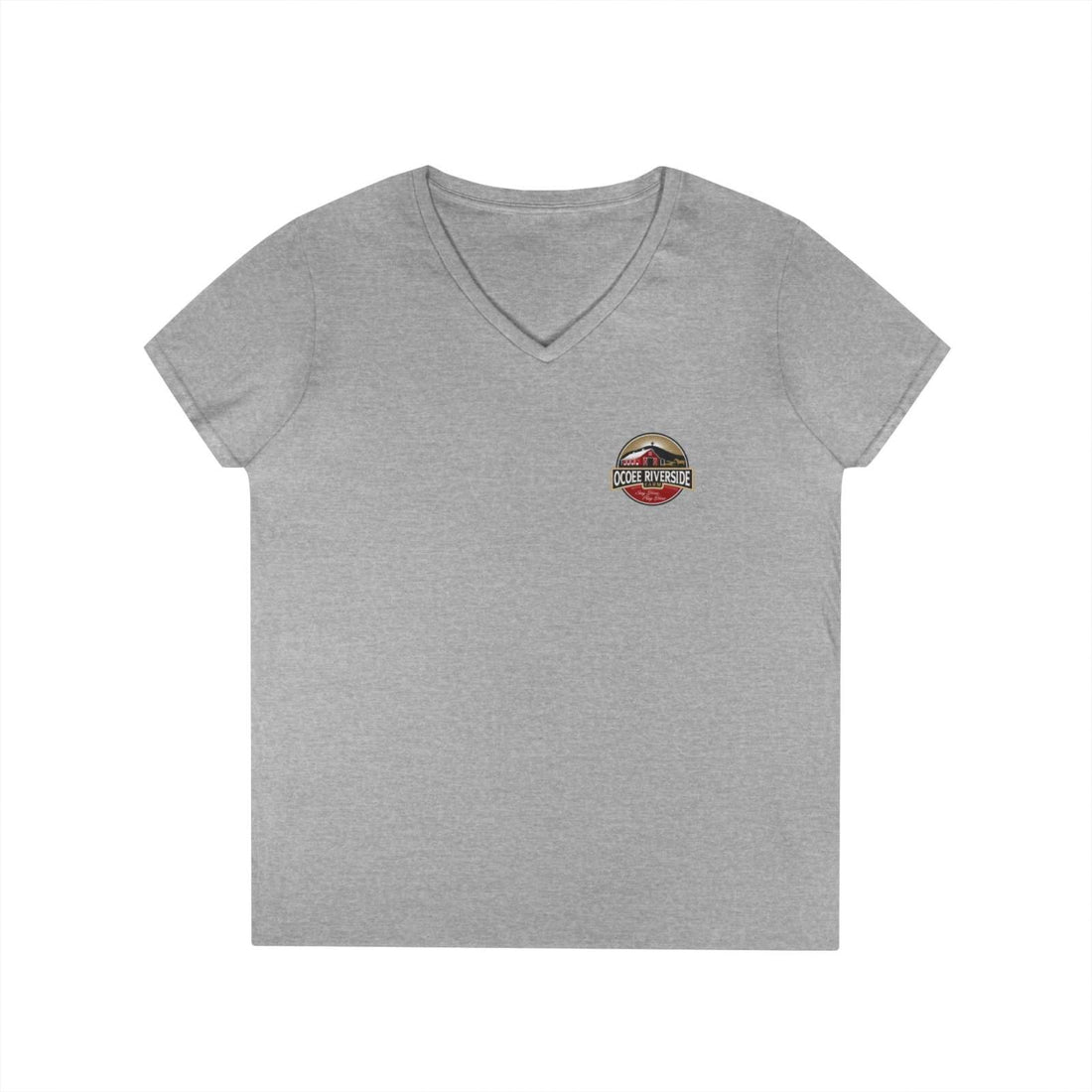 Gray Spud Heart Women’s V-Neck T-Shirt with small Ocoee Riverside Farm logo on front, made from soft 100% cotton.