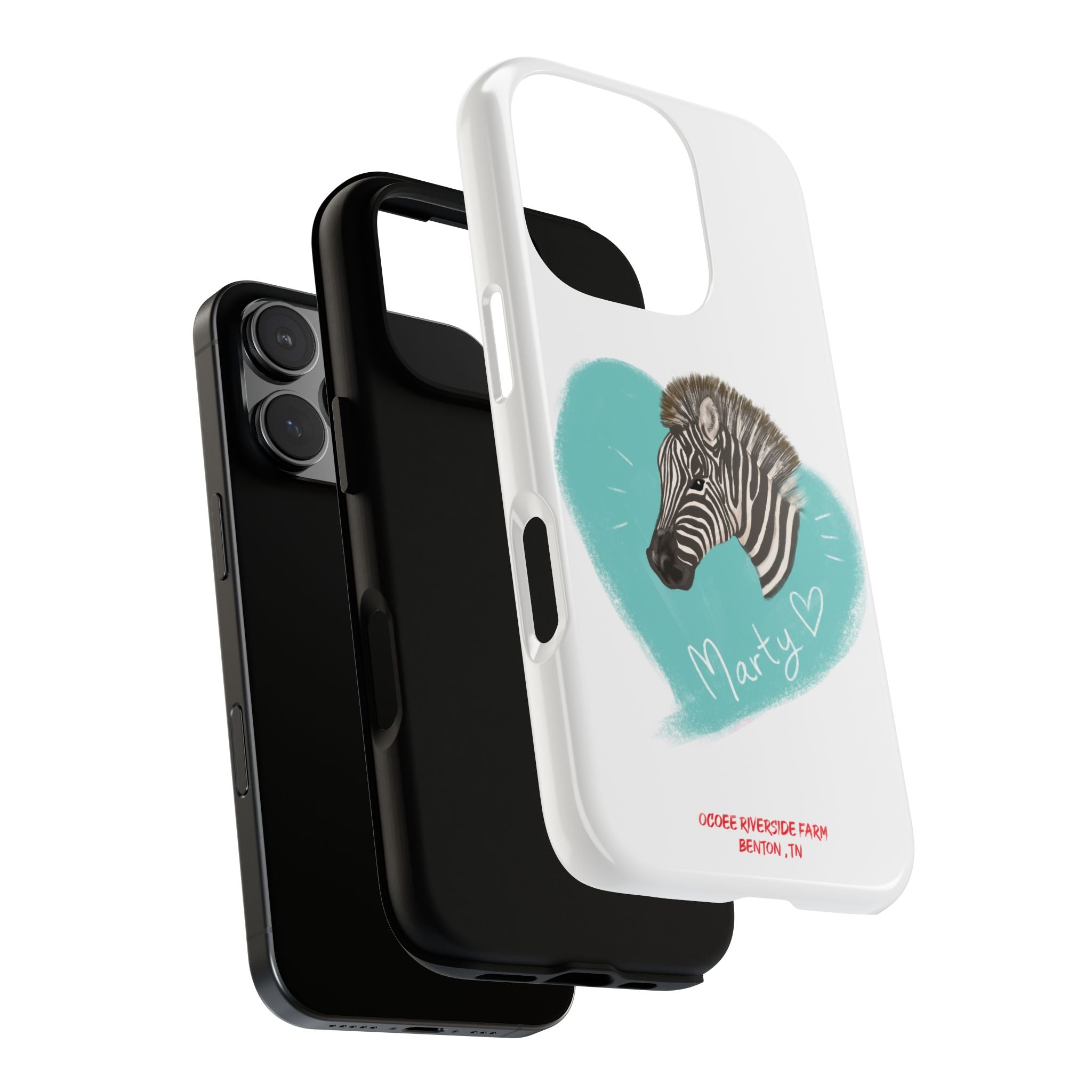 A zebra adorned with the word "Marty" creatively integrated into its stripes at Ocoee Riverside Farm Phone Case