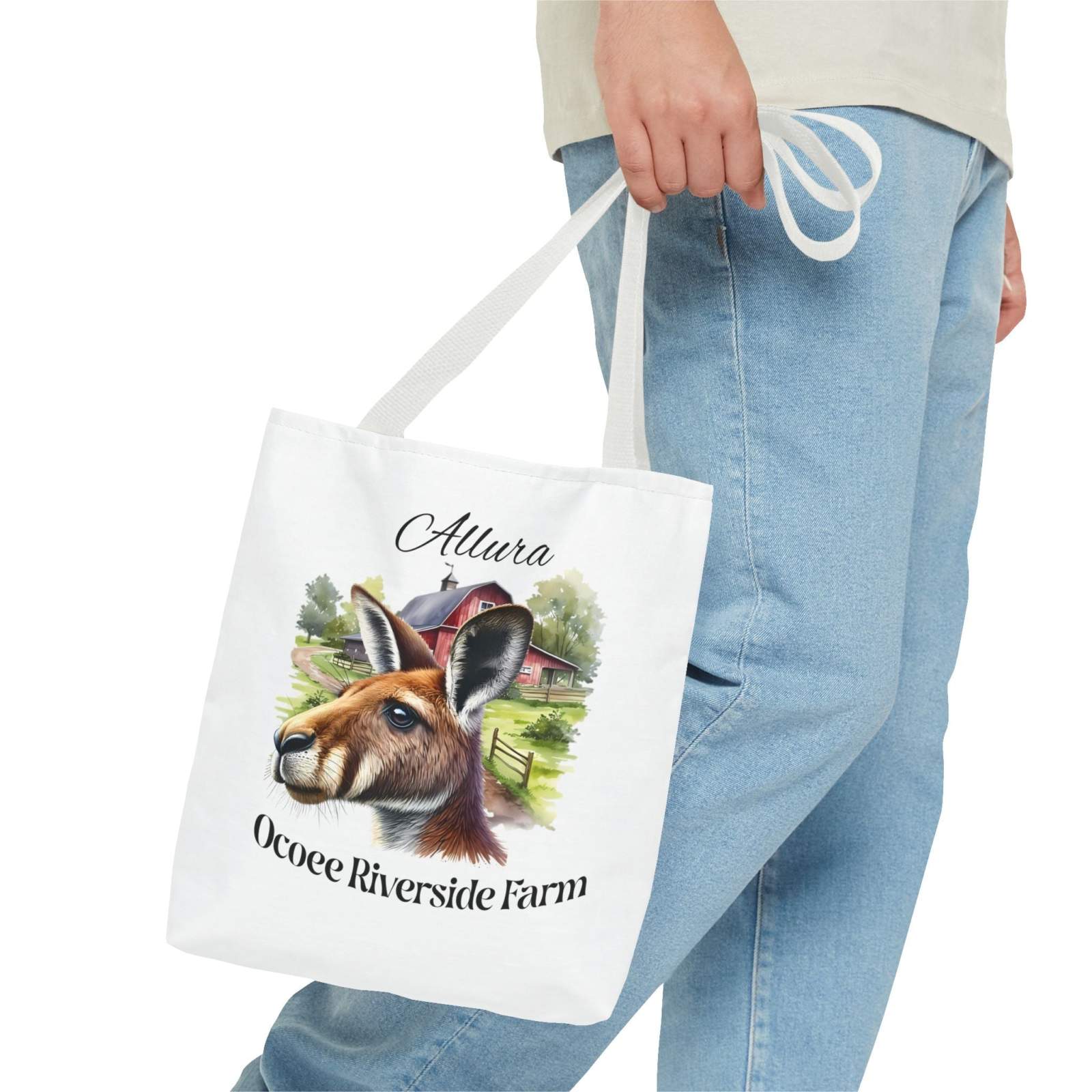 Allura Kangaroo Tote Bag featuring Ocoee Riverside Farm design, eco-friendly reusable shopping bag with kangaroo and farm artwork