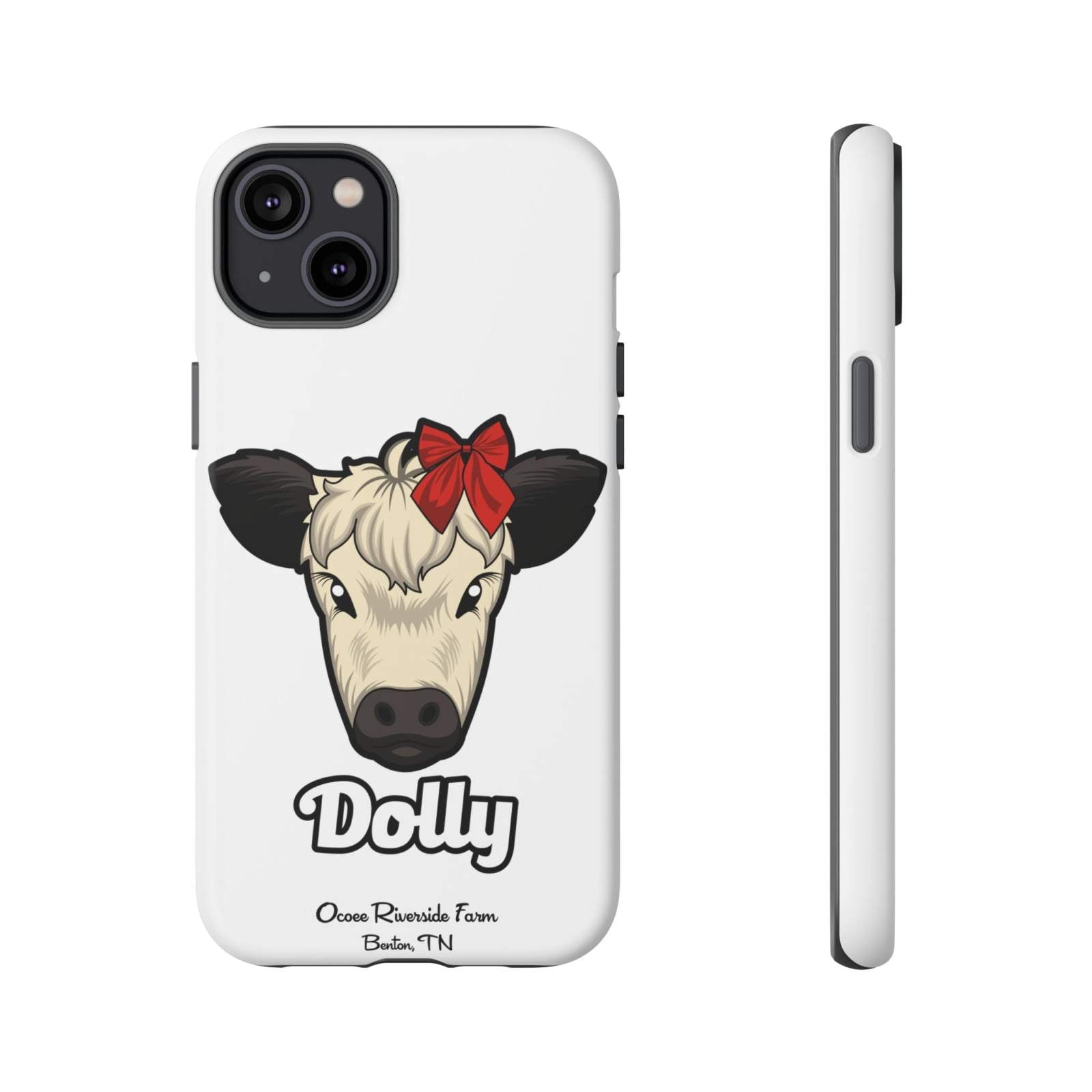 Farmhouse Chic Phone Case featuring Dolly the cow with a red bow, durable and stylish protective phone cover