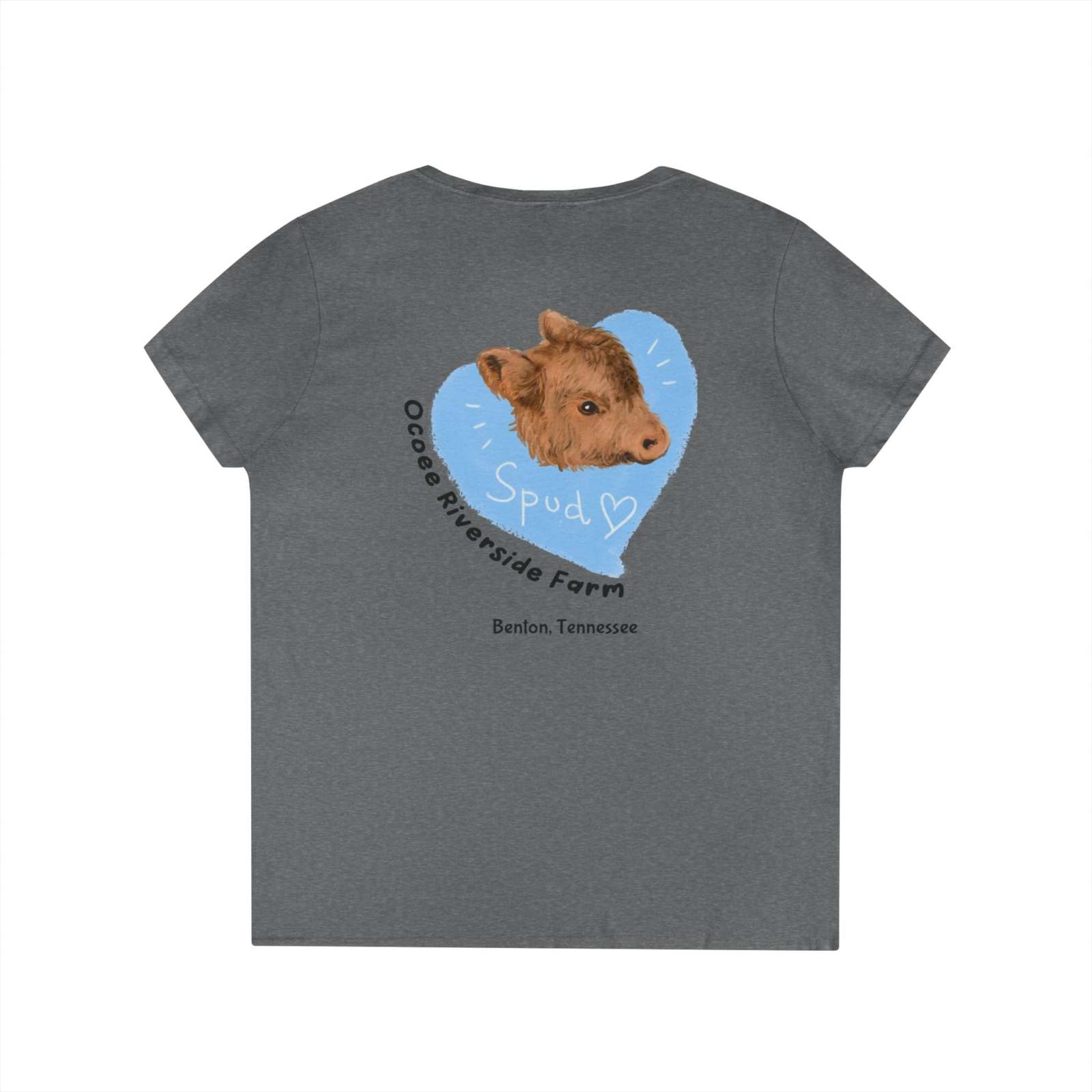 Gray women's V-neck t-shirt with Spud heart design and Ocoee Riverside Farm Tennessee text on back