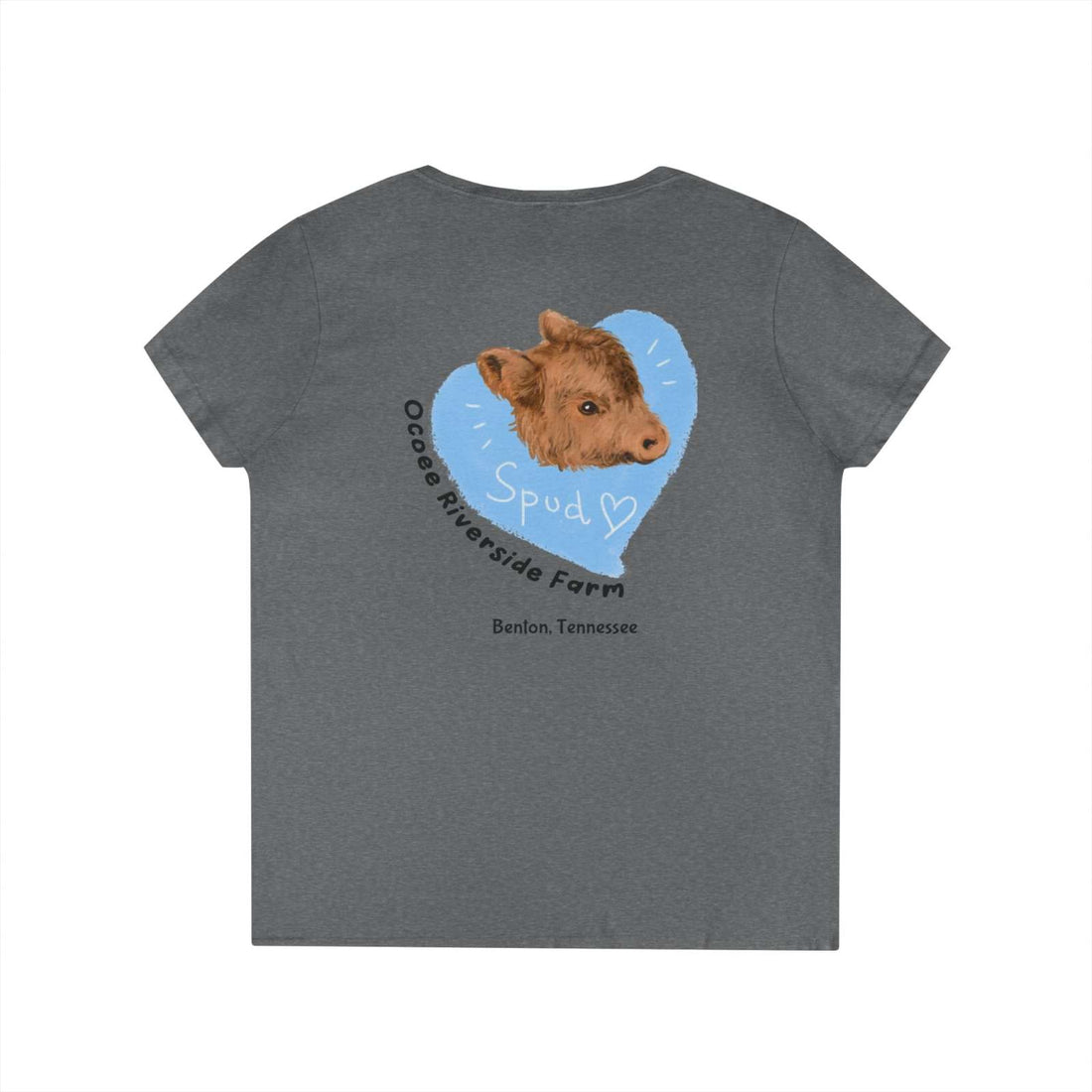 Gray women's V-neck t-shirt with Spud heart design and Ocoee Riverside Farm Tennessee text on back