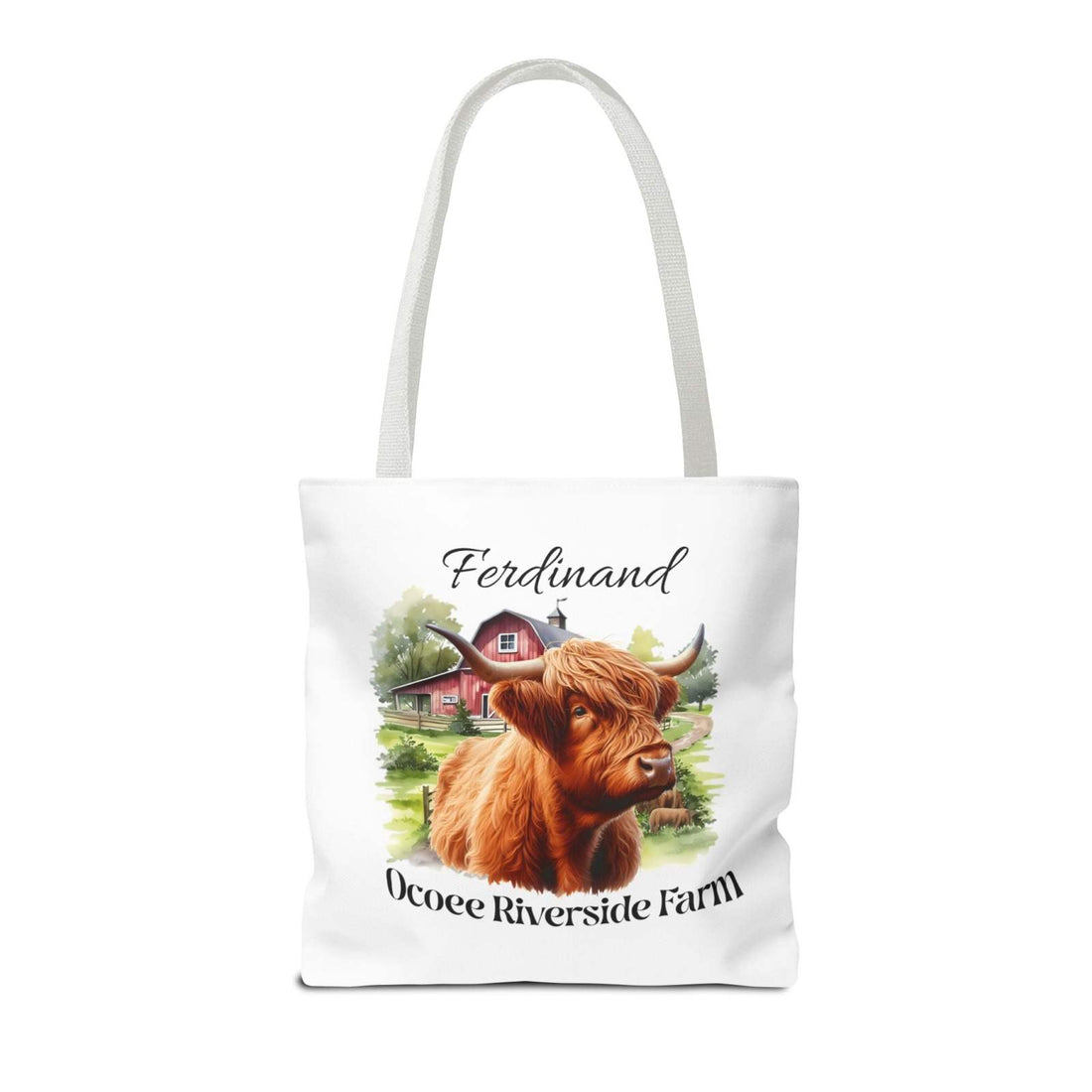 Ferdinand Scottish Highland Tote Bag with Highland cow and farm design, eco-friendly shopping tote from Ocoee Riverside Farm