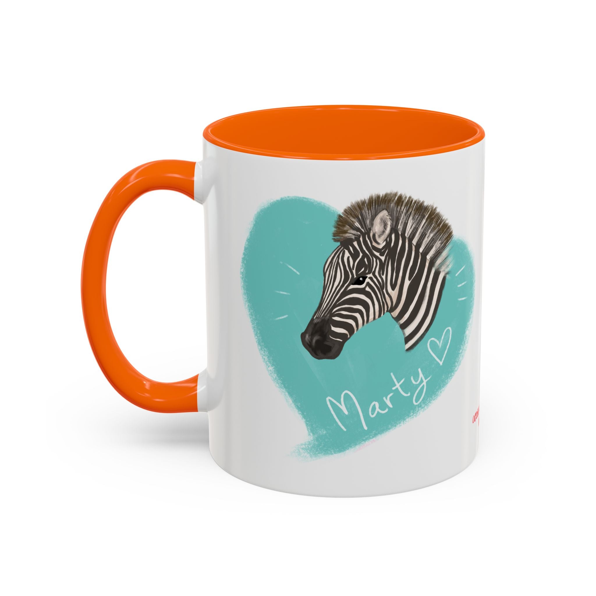 A zebra adorned with the word "Marty" creatively integrated into its stripes at Ocoee Riverside Farm Coffee Mug