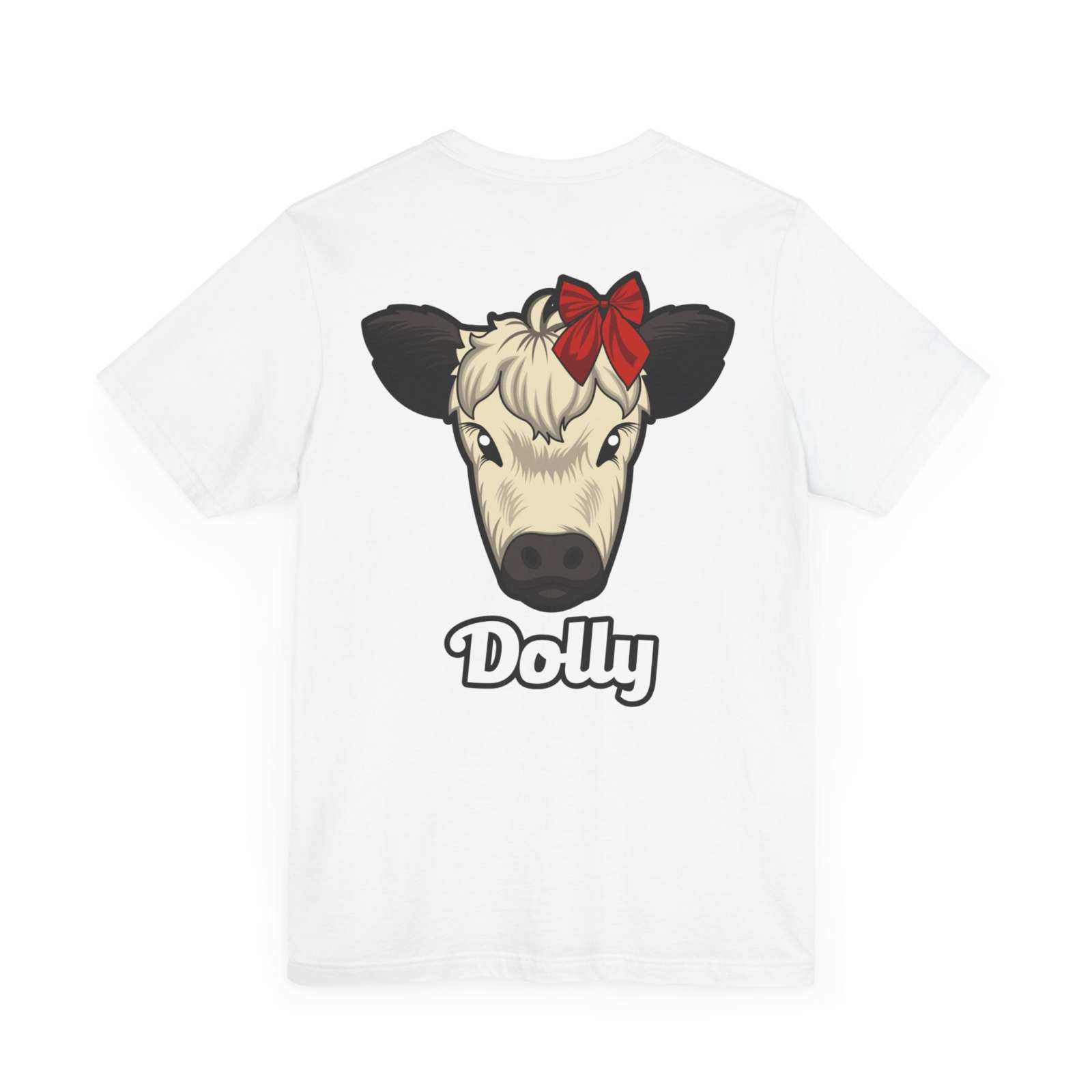 White Country Cow Graphic Tee featuring a cow named Dolly with a charming red bow on the back