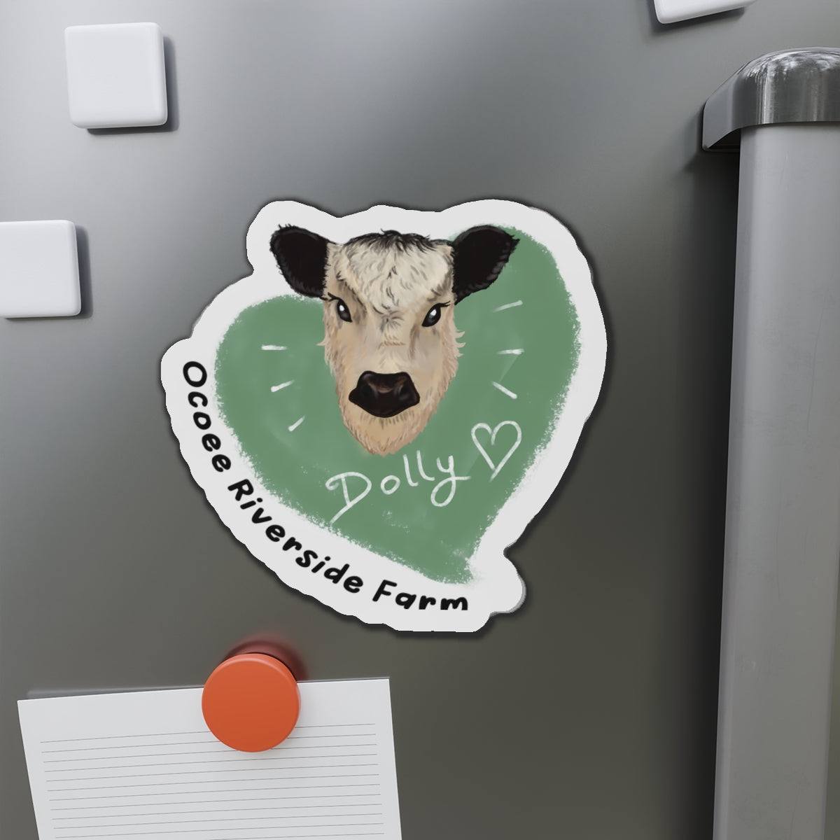 Cute cow die-cut magnet with cow face illustration on green heart background, home decor accessory for fridge or locker