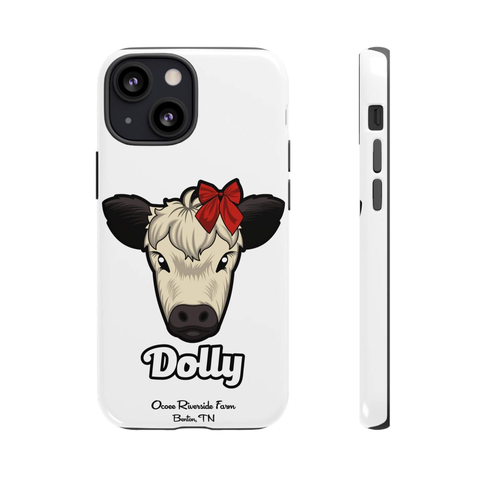 Farmhouse Chic Phone Case featuring Dolly the cow with a red bow, durable protective design with 3D wrap and shock absorption.