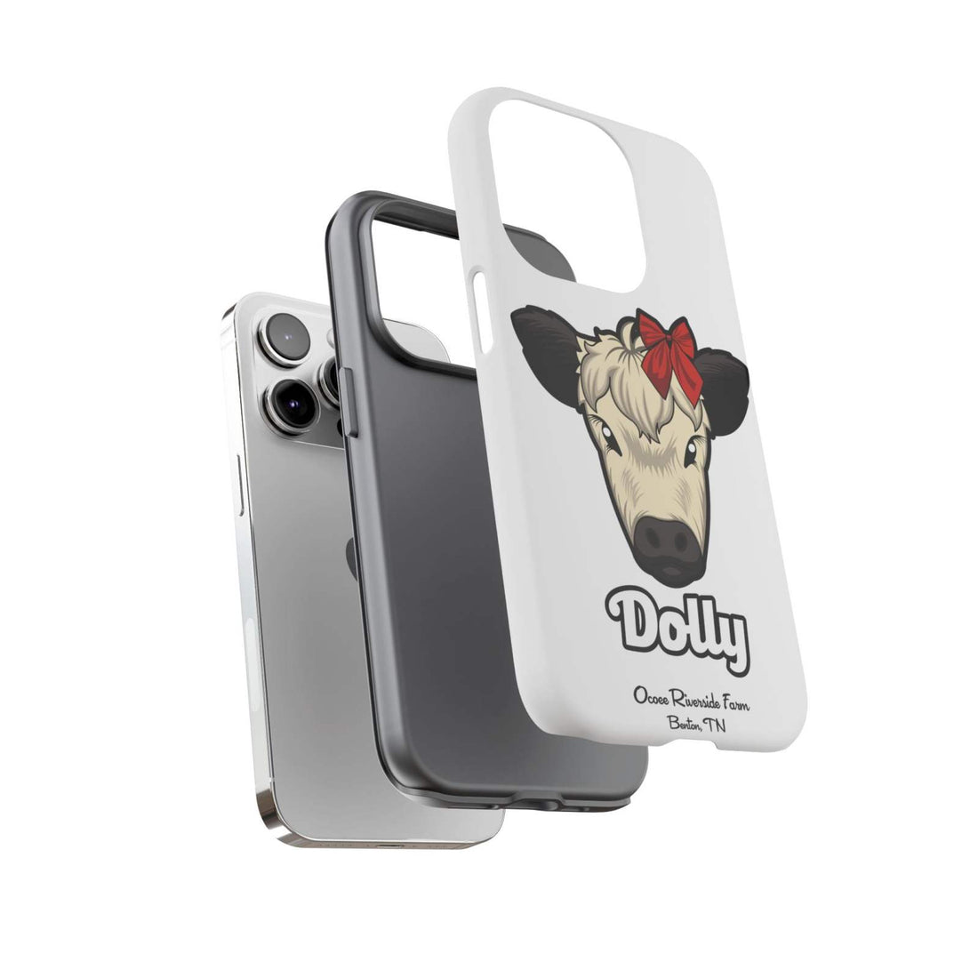 Farmhouse Chic phone case with Dolly the cow design and red bow.