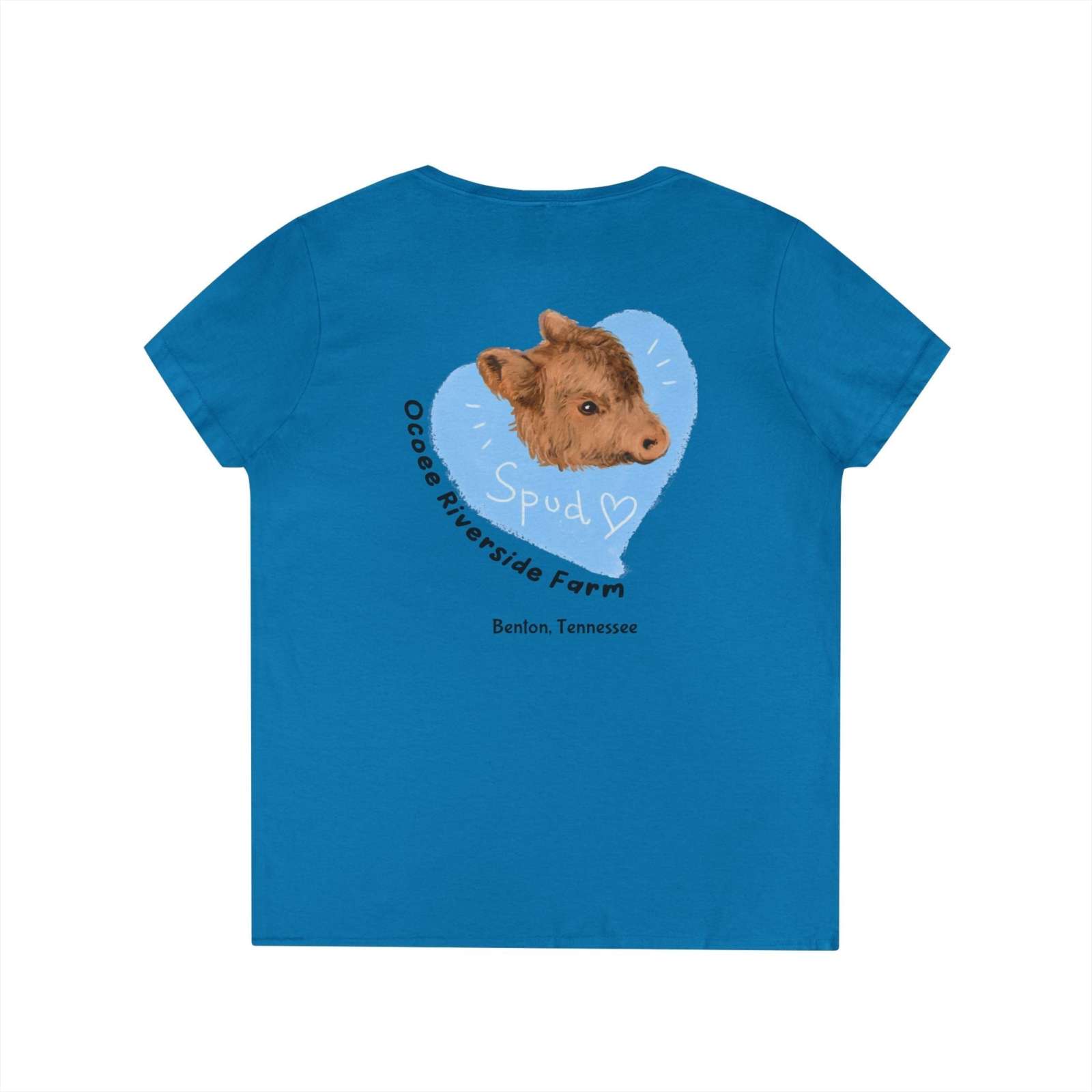 Blue Spud Heart Women’s V-Neck T-Shirt with calf graphic and Ocoee Riverside Farm Tennessee text