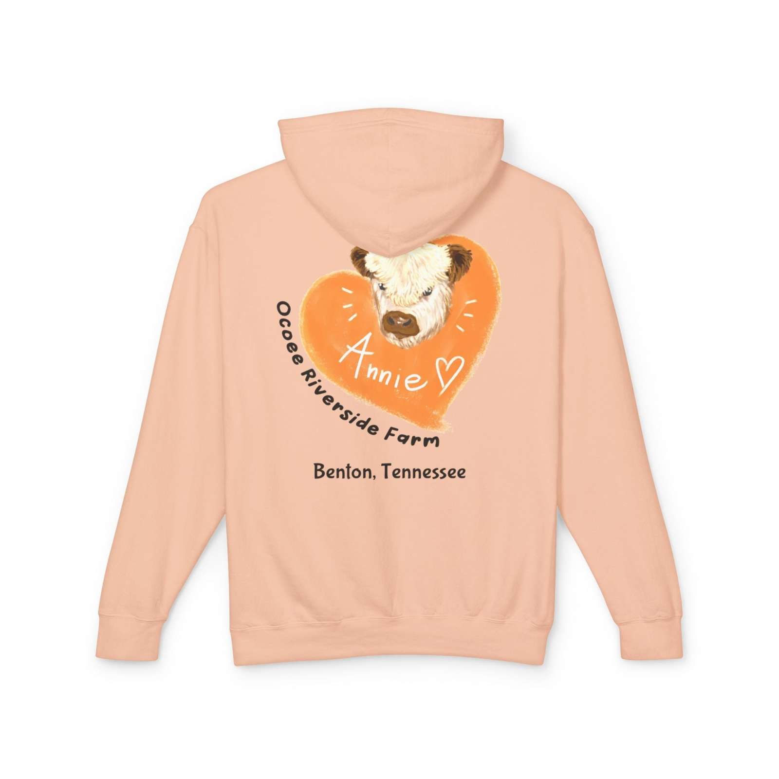 Unisex hooded sweatshirt with adorable cow design and Ocoee Riverside Farm text in peach color