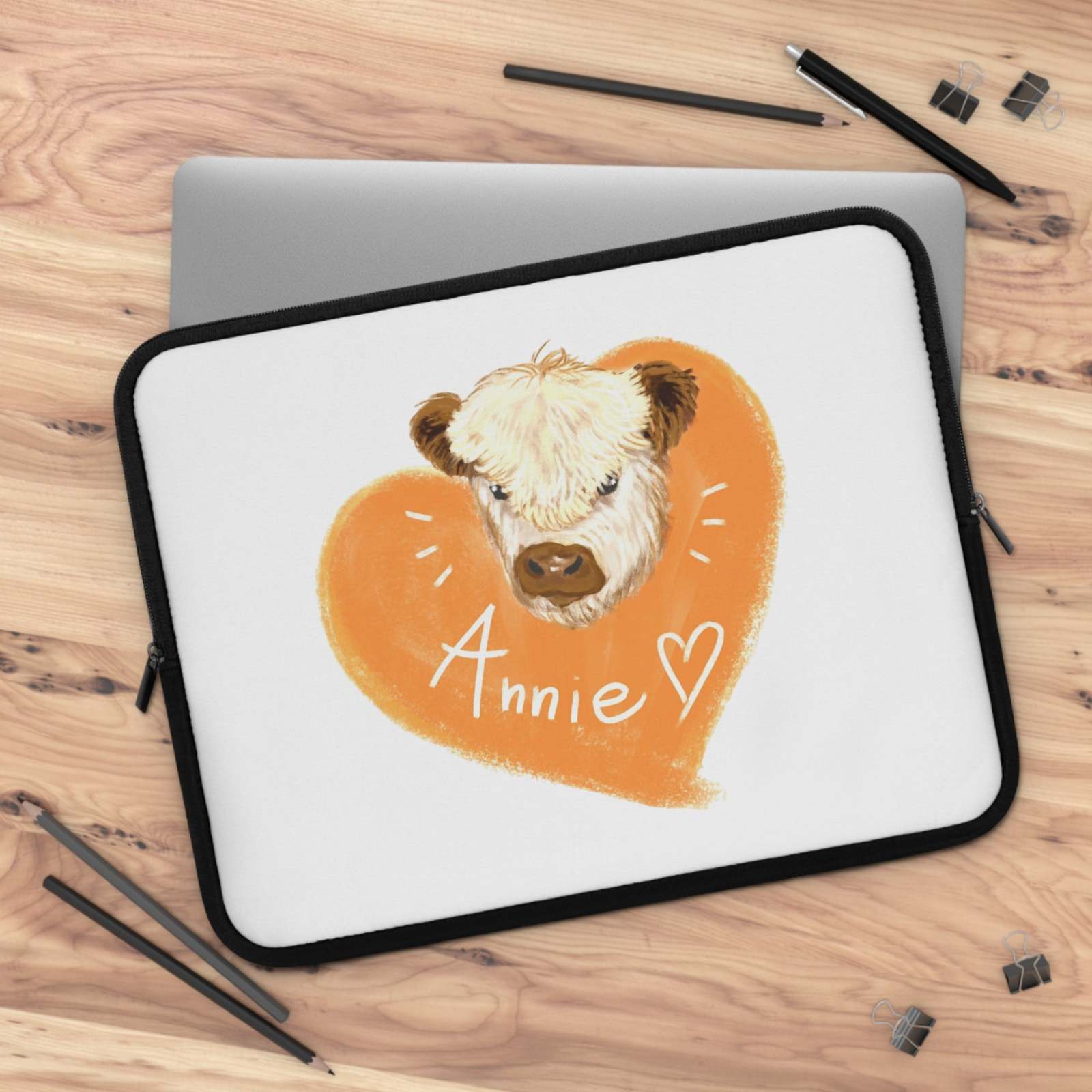 Custom Cow Laptop Sleeve with personalized cow illustration and heart design for animal lovers, durable neoprene protective case