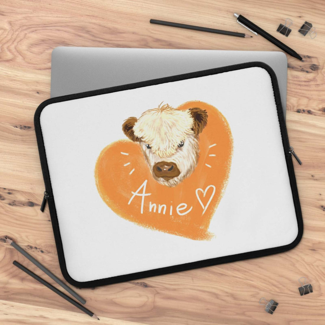 Custom Cow Laptop Sleeve with personalized cow illustration and heart design for animal lovers, durable neoprene protective case