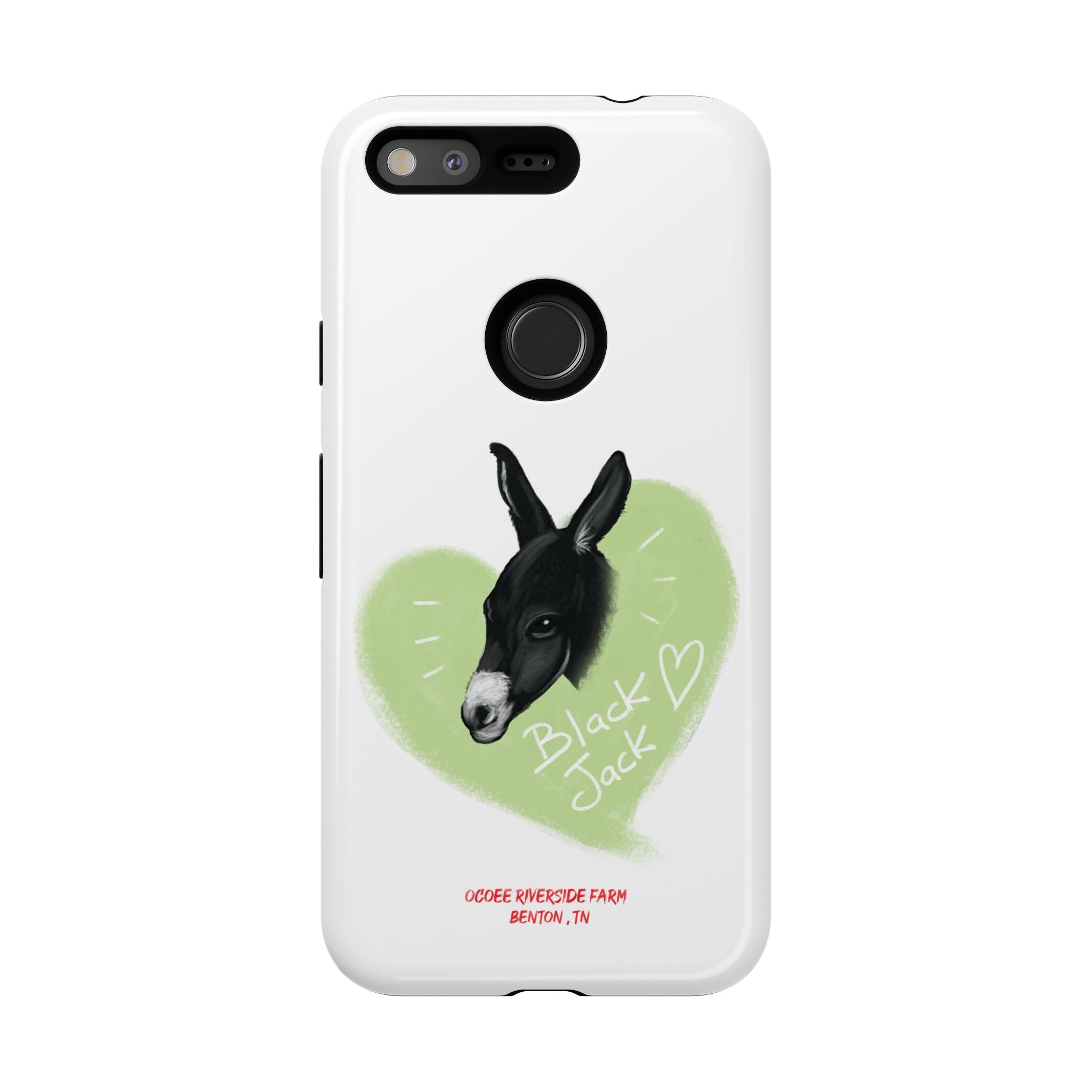 A donkey featuring the words "Black Jack" prominently displayed on its side at Ocoee Riverside Farm Phone Case