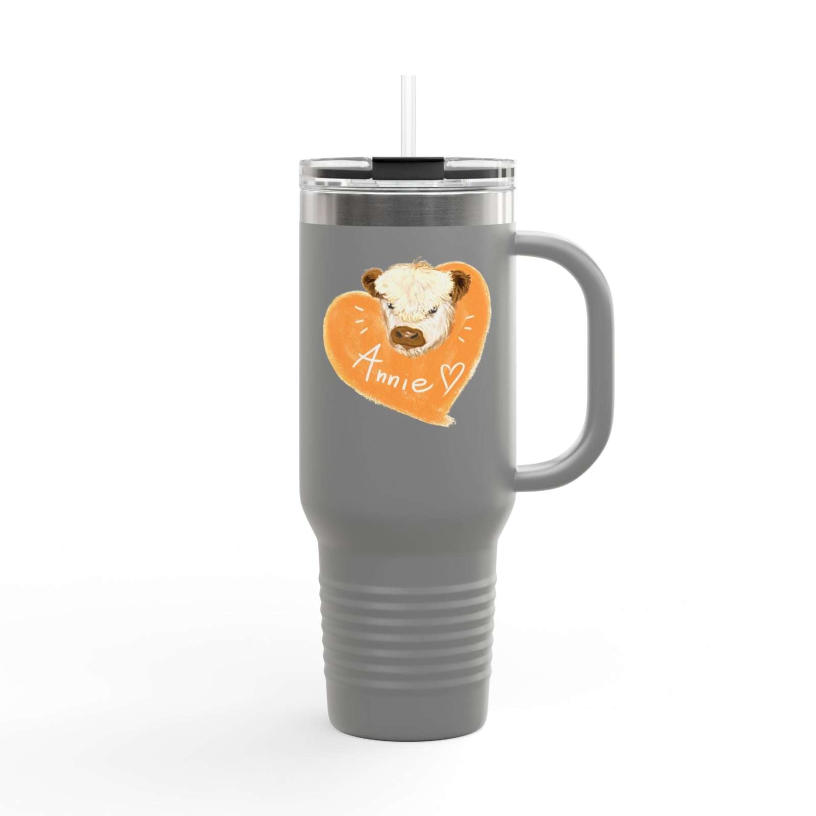 Personalized insulated travel mug 40oz with custom name Annie and heart design in gray stainless steel with handle and spill-proof lid