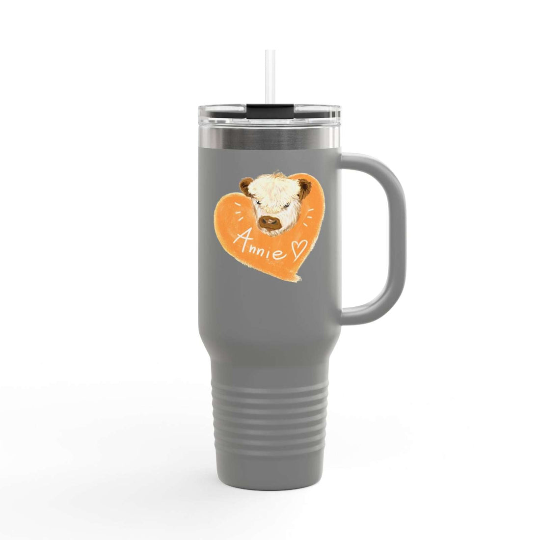 Personalized insulated travel mug 40oz with custom name Annie and heart design in gray stainless steel with handle and spill-proof lid