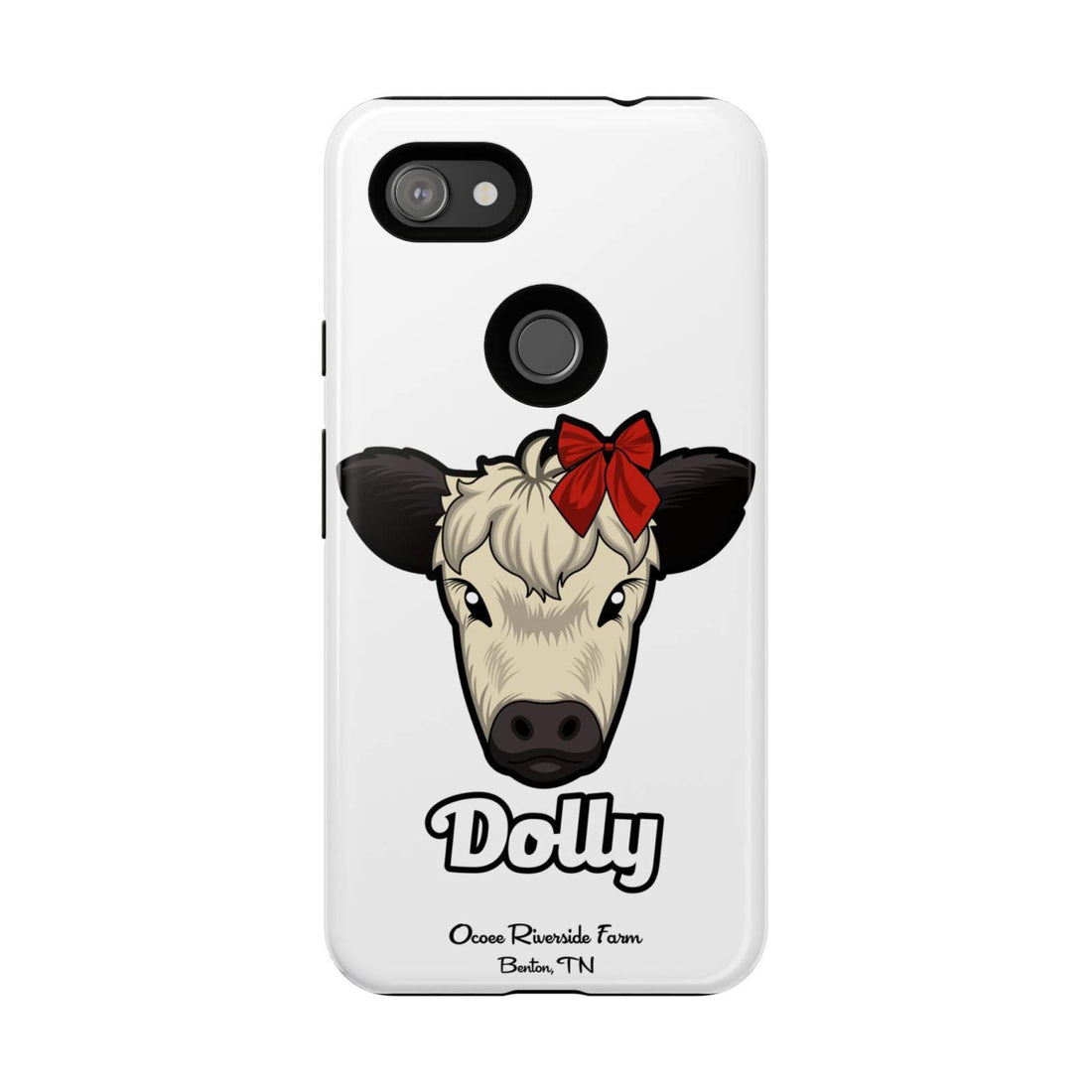 Farmhouse Chic Phone Case with Dolly the cow wearing a red bow, rustic country design on white background
