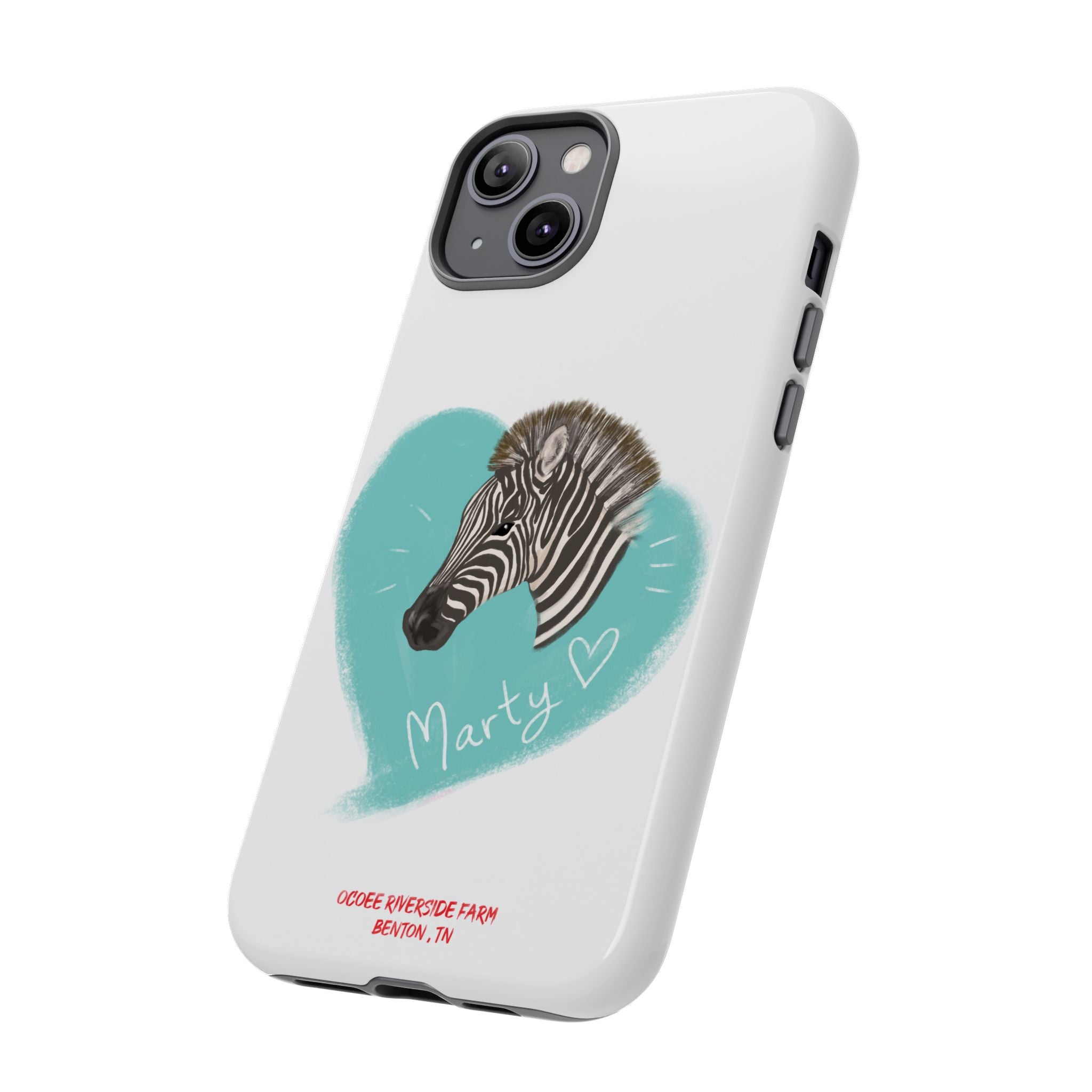 A zebra adorned with the word "Marty" creatively integrated into its stripes at Ocoee Riverside Farm Phone Case