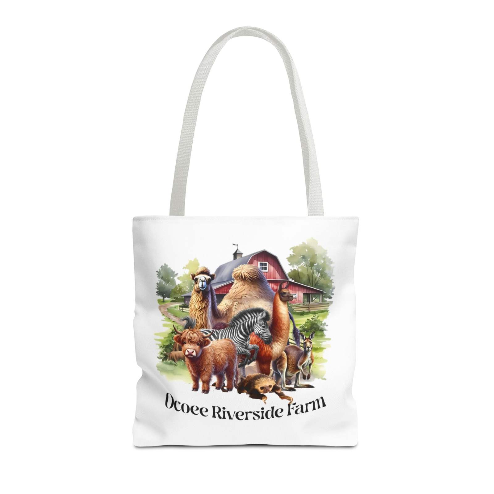Eco-friendly Animals Tote Bag with Ocoee Riverside Farm animal illustration and reinforced handles for shopping or casual use