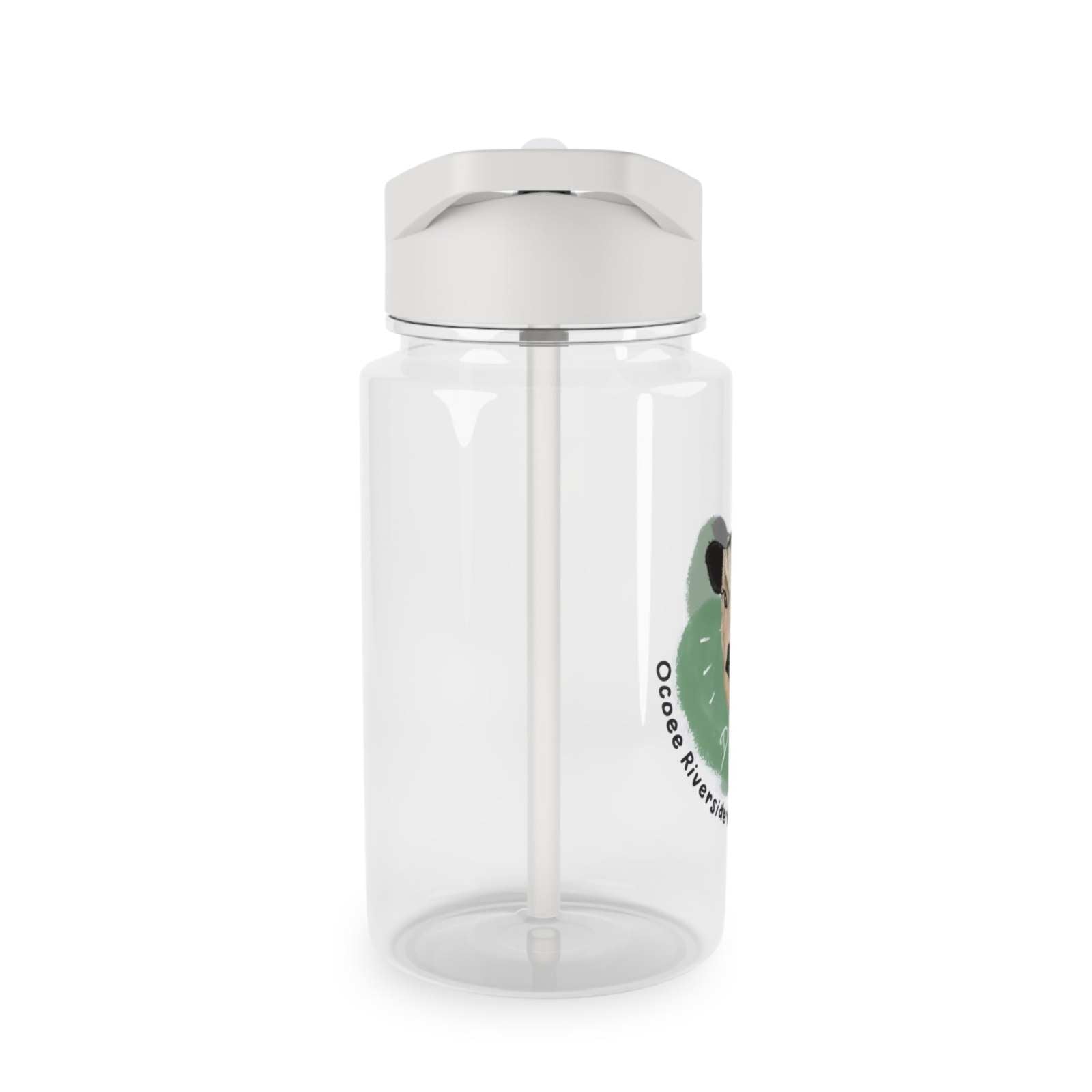 Clear farm-themed water bottle with white leak-proof lid and straw made from BPA-free Tritan plastic.