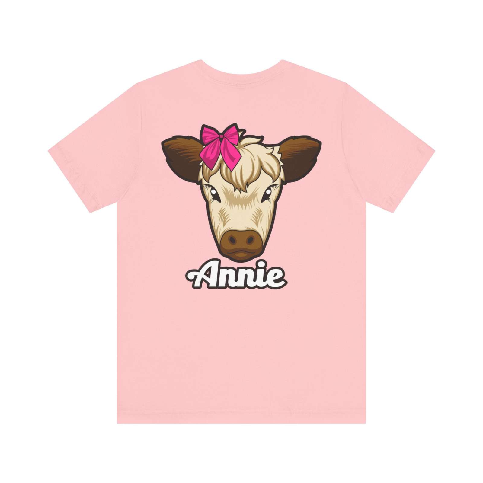 Pink Farm Life T-Shirt featuring Annie the Cow with a red bow.