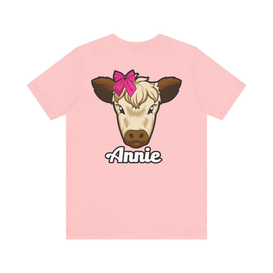 Pink Farm Life T-Shirt featuring Annie the Cow with a red bow.