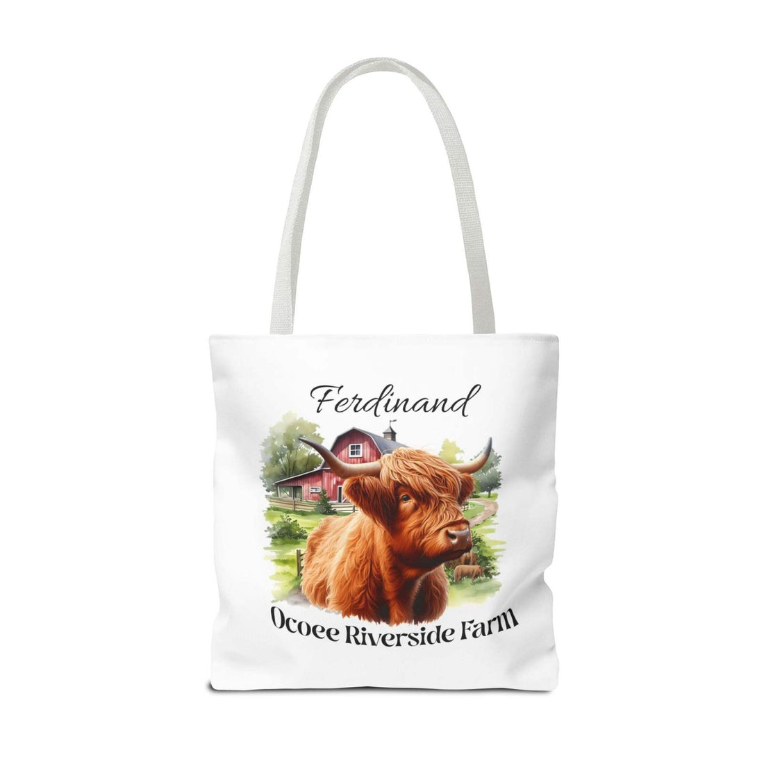 Ferdinand Scottish Highland Tote Bag featuring a Highland cow and Ocoee Riverside Farm design, eco-friendly shopping tote with durable polyester and reinforced handles