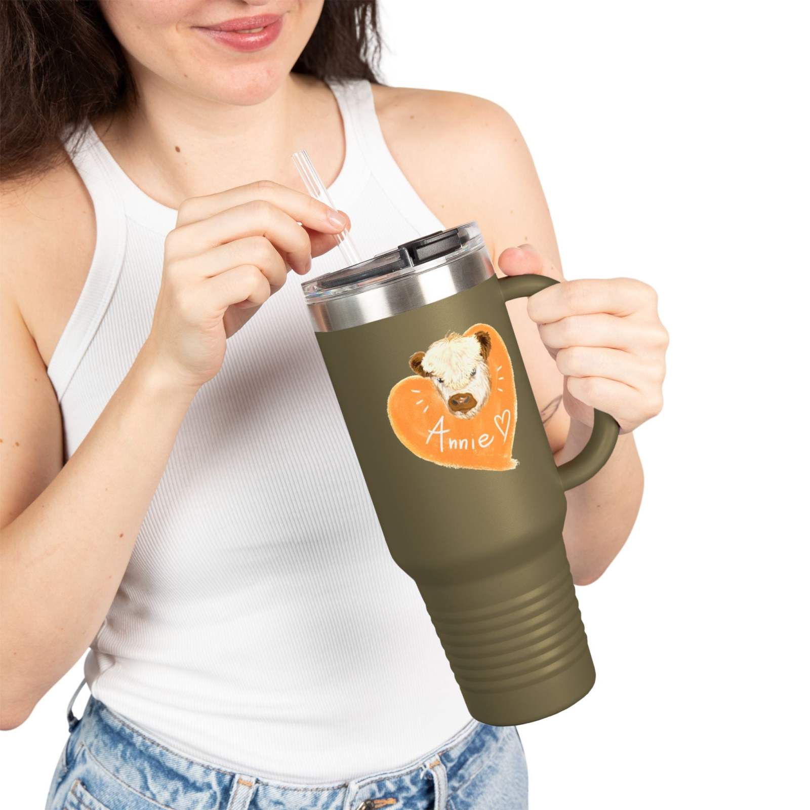 Personalized insulated travel mug 40oz in olive green with custom bear and heart design, held by woman in white tank top.