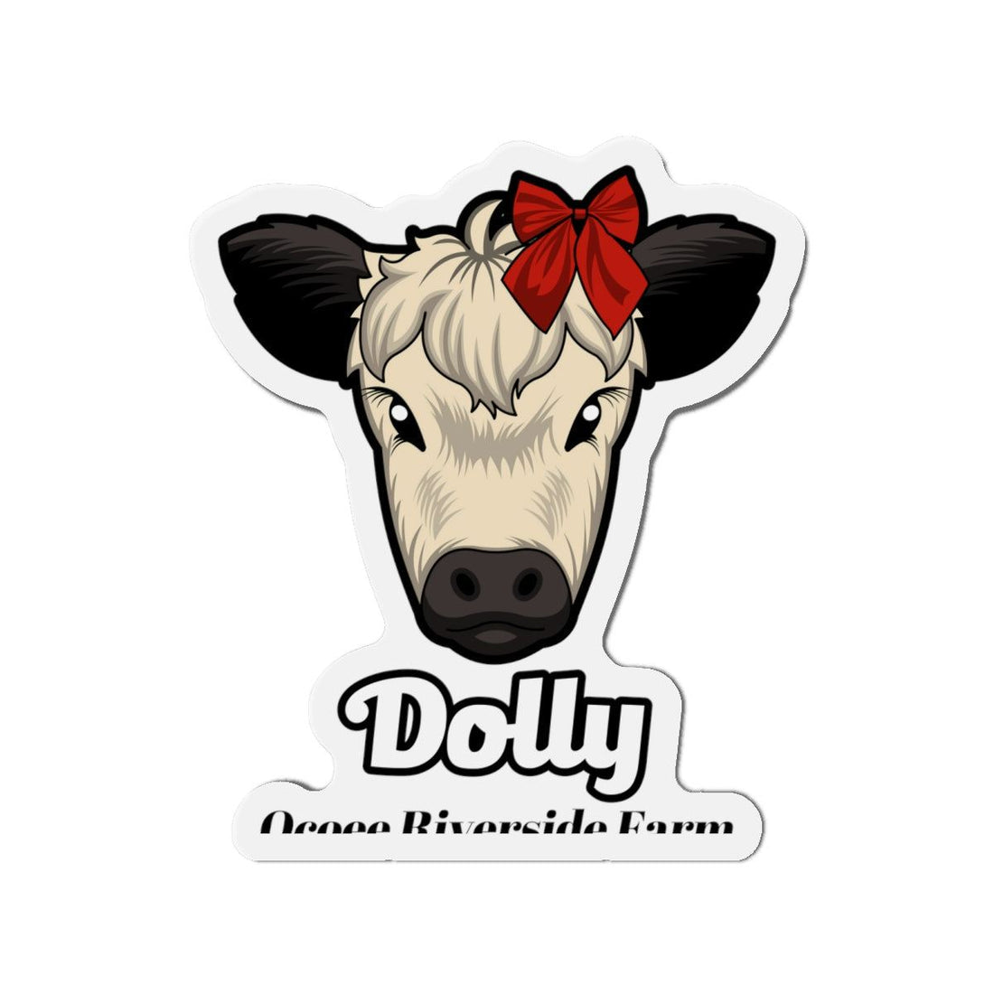 Charming Cow Die-Cut Magnet with cow face, red bow, and "Dolly" text, farmhouse decor accessory