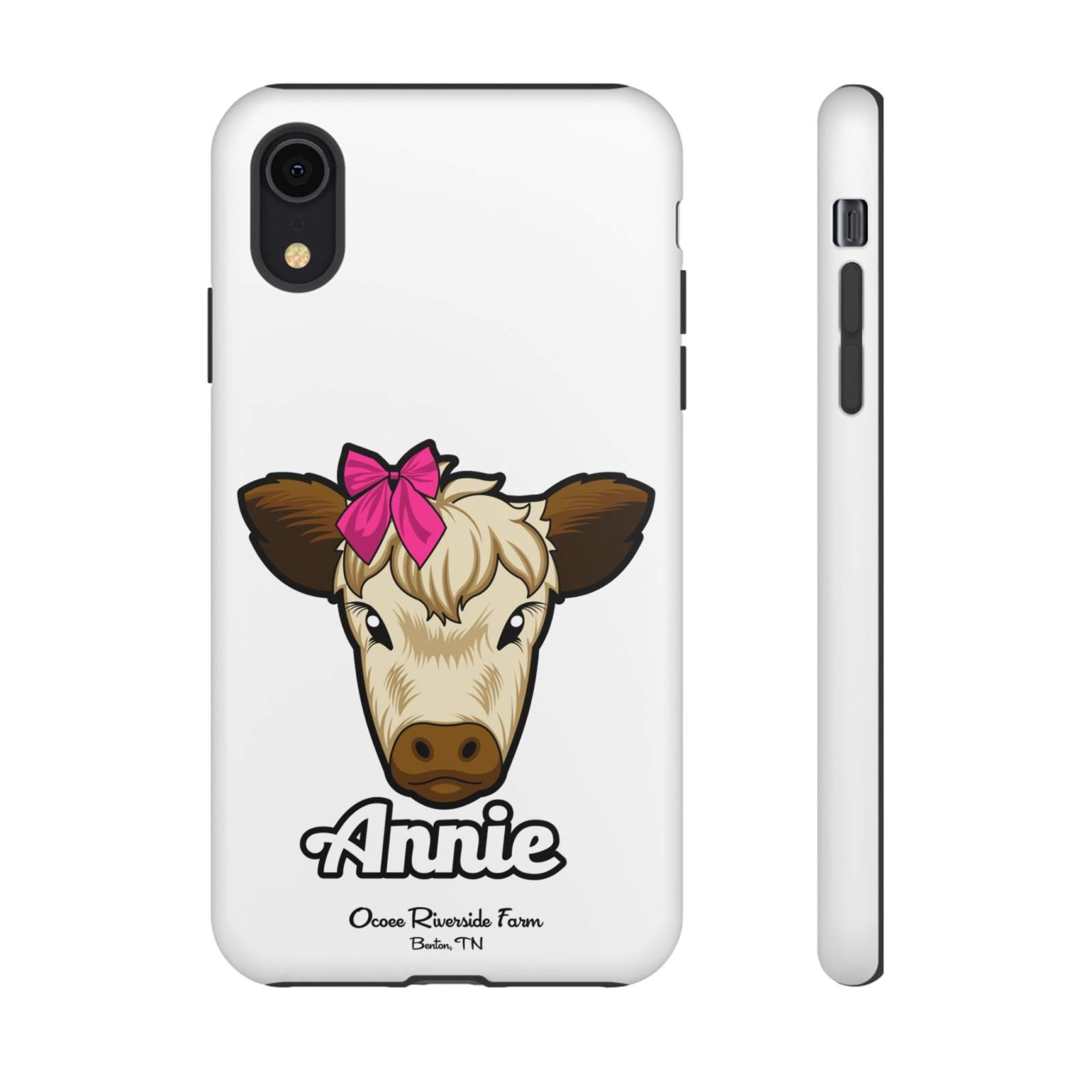 Cute cow phone case with red bow, Annie design, for farm animal lovers.