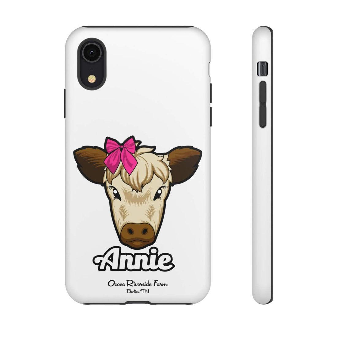 Cute cow phone case with red bow, Annie design, for farm animal lovers.