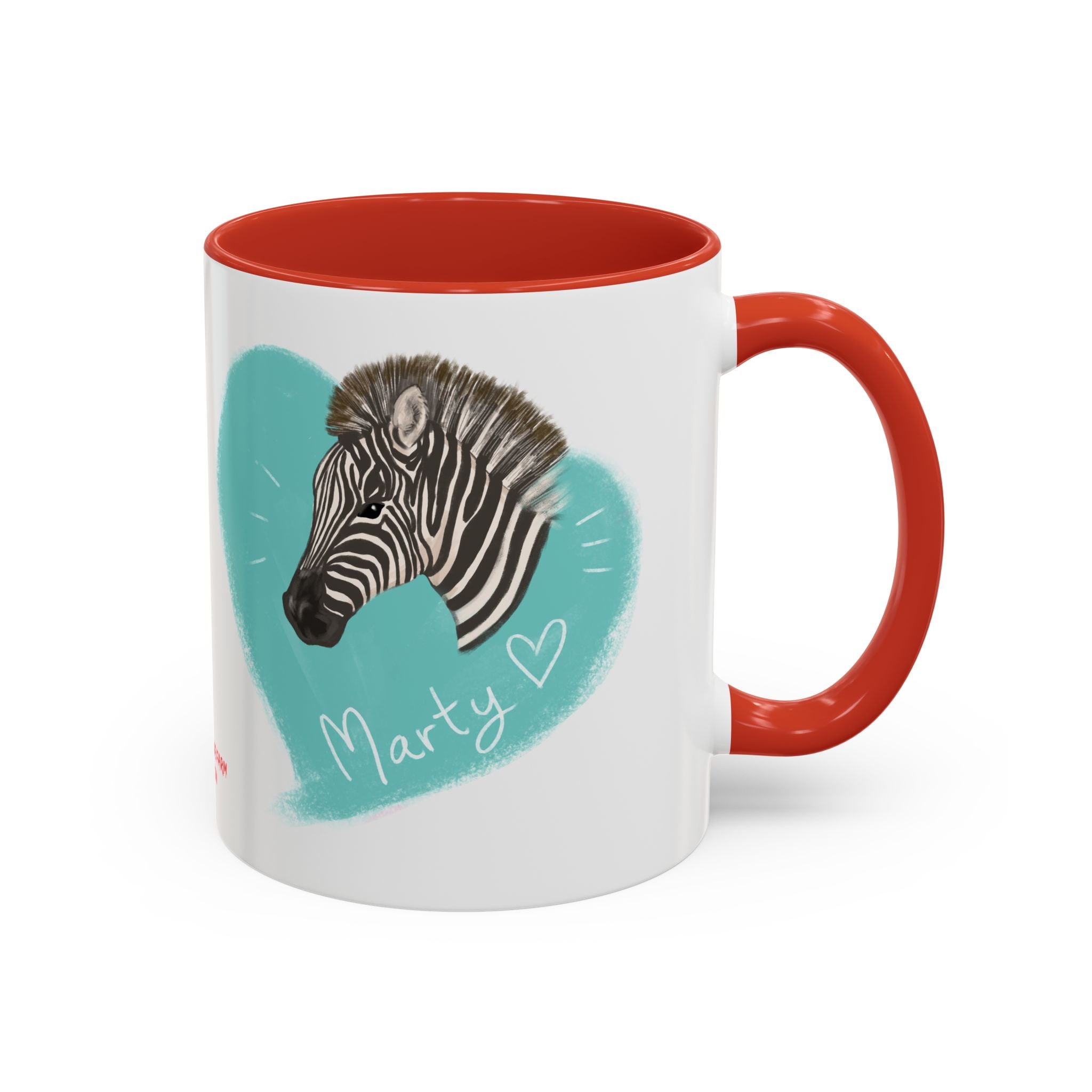 A zebra adorned with the word "Marty" creatively integrated into its stripes at Ocoee Riverside Farm Coffee Mug