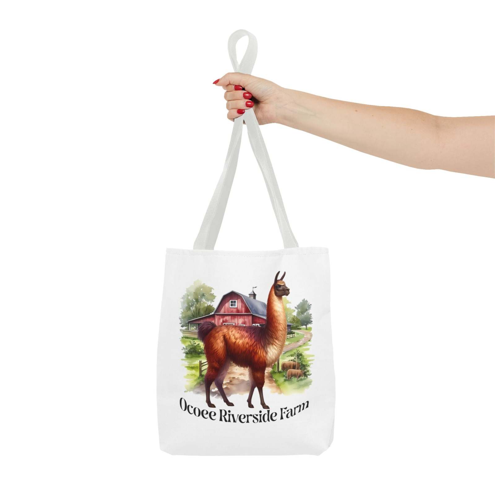 White Alpaca Tote Bag featuring Ocoee Riverside Farm design, eco-friendly shopping bag with reinforced handles and boxed corners.