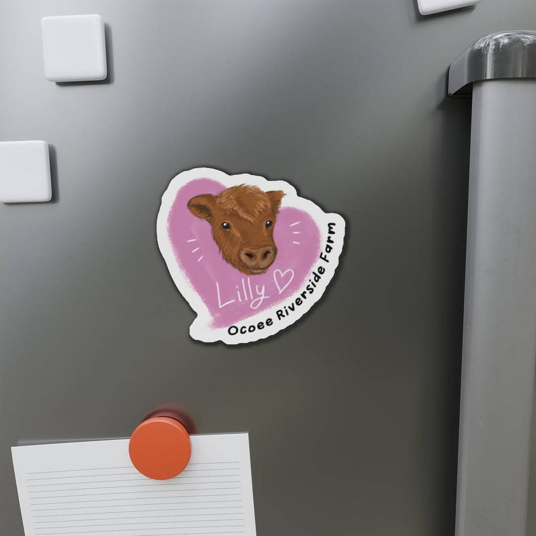 Farm Animal Die-Cut Magnet featuring an adorable cow design with "Lilly" and "Ocoee Riverside Farm" text on a refrigerator door