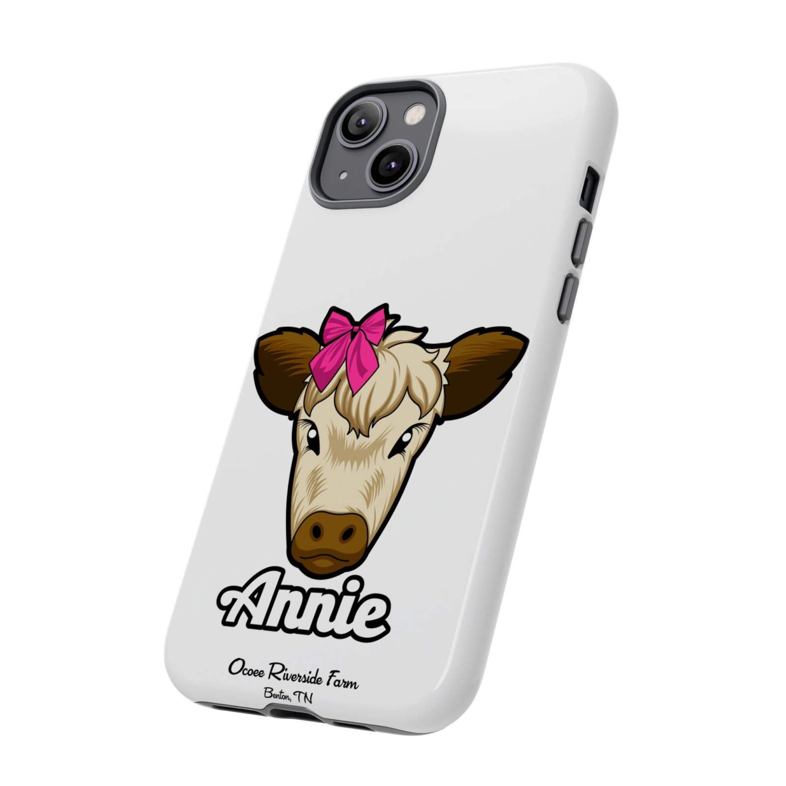 Cute cow phone case with red bow, 3D wrap design, and farm animal theme.