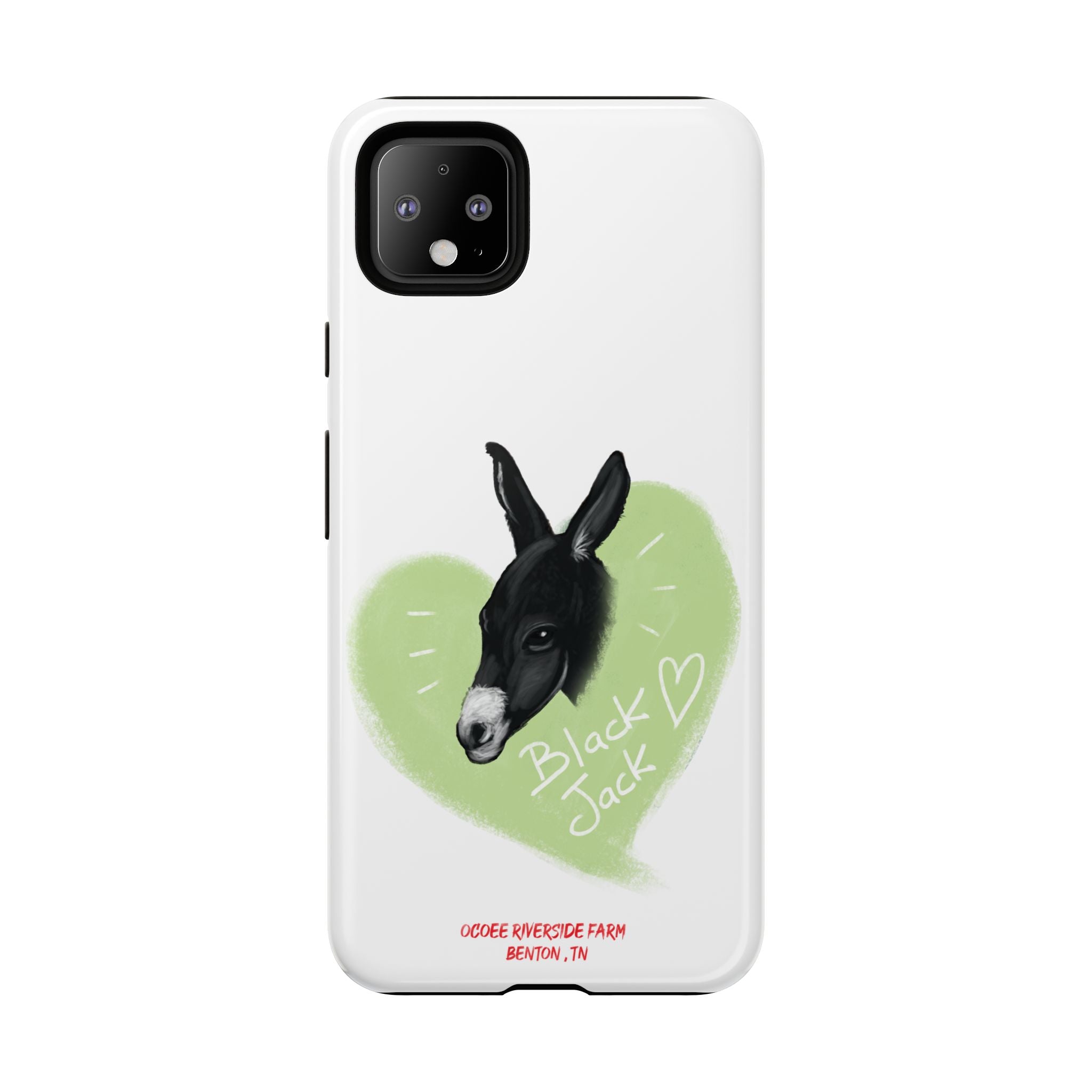 A donkey featuring the words "Black Jack" prominently displayed on its side at Ocoee Riverside Farm Phone Case