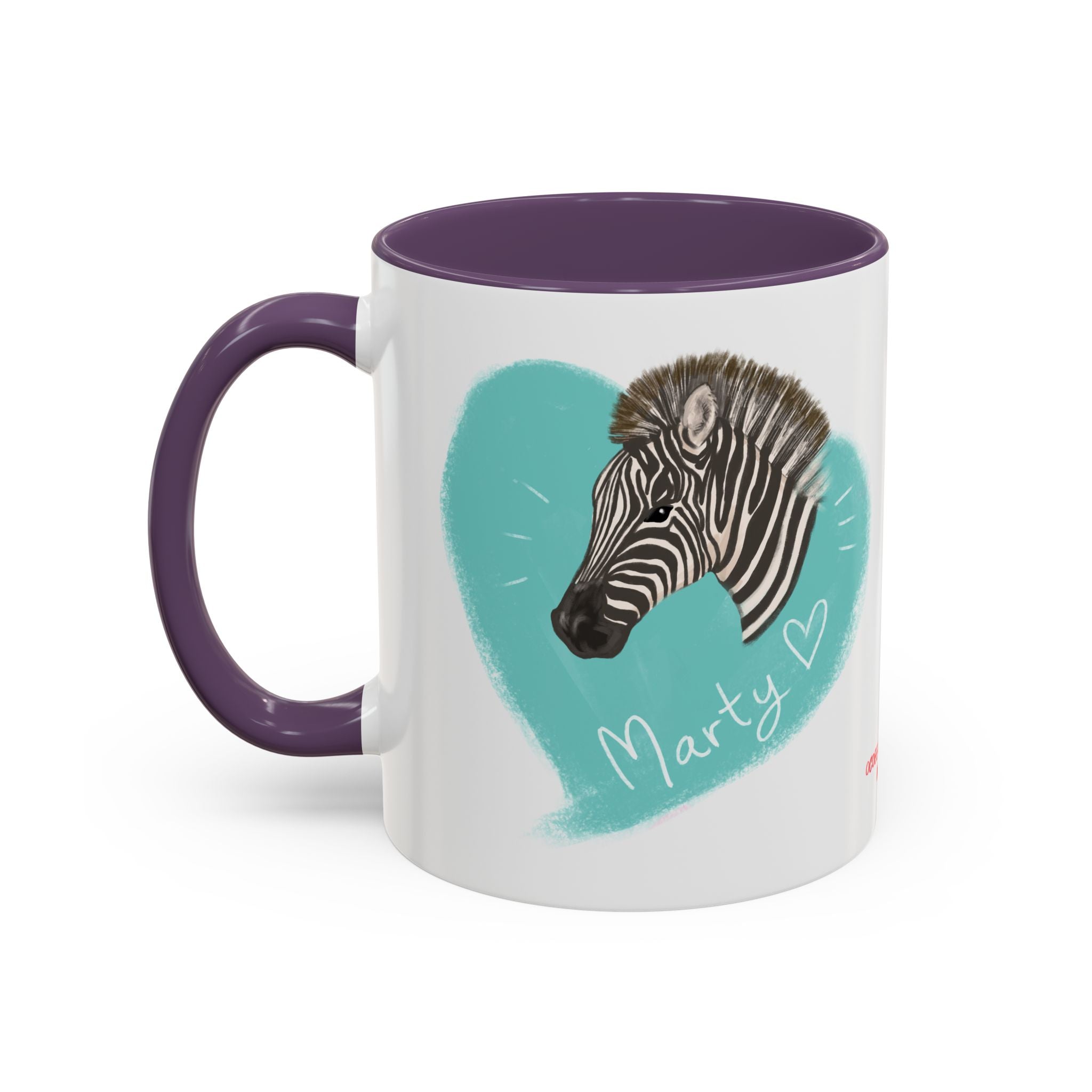 A zebra adorned with the word "Marty" creatively integrated into its stripes at Ocoee Riverside Farm Coffee Mug
