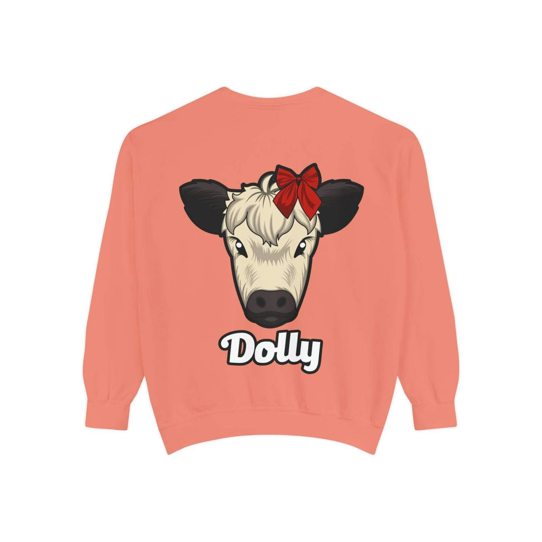 Farmhouse Cow Sweatshirt with Dolly the Red Bow Cow design on the back, perfect for country fashion lovers.