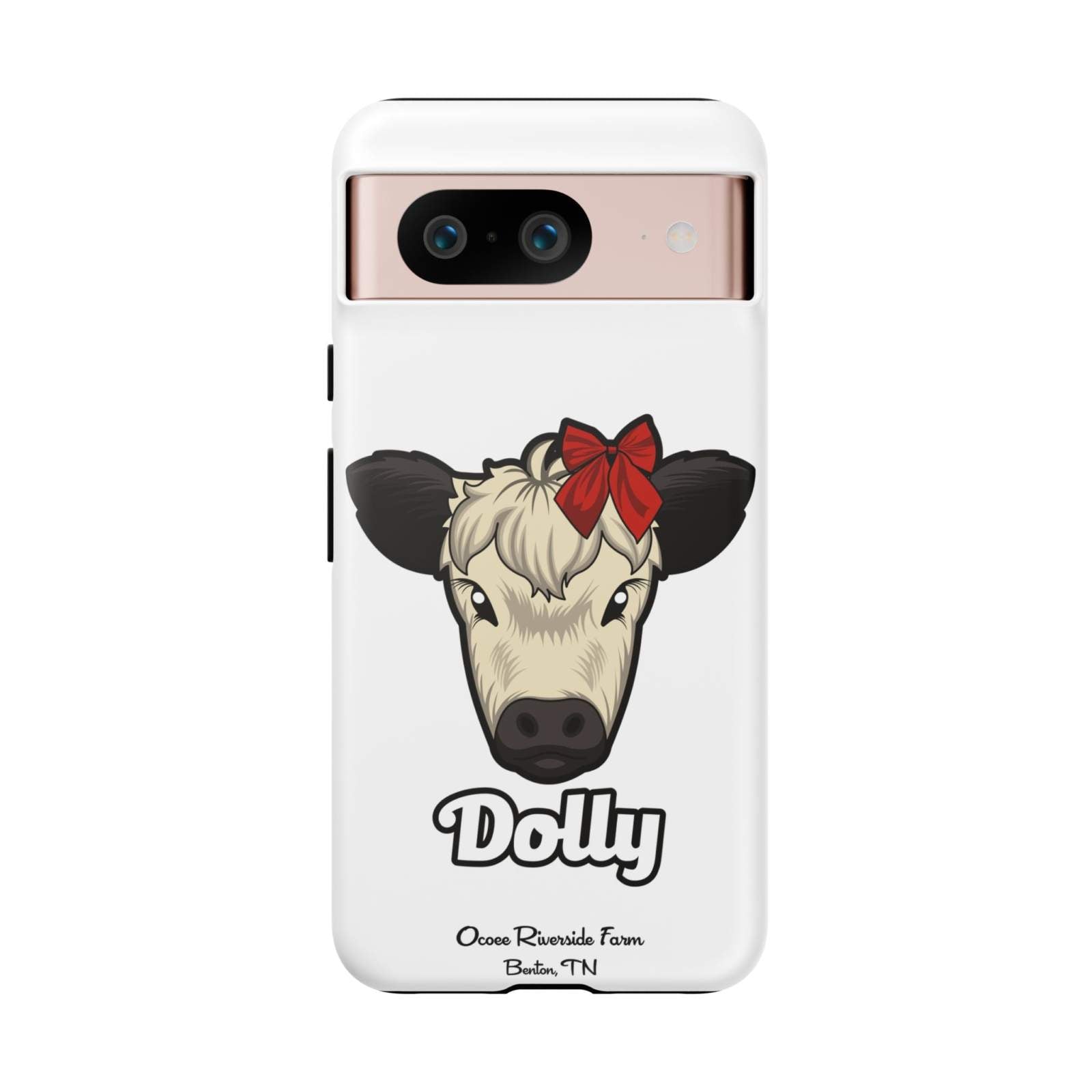 Farmhouse Chic Phone Case with Dolly cow design and red bow, durable and stylish protective cover