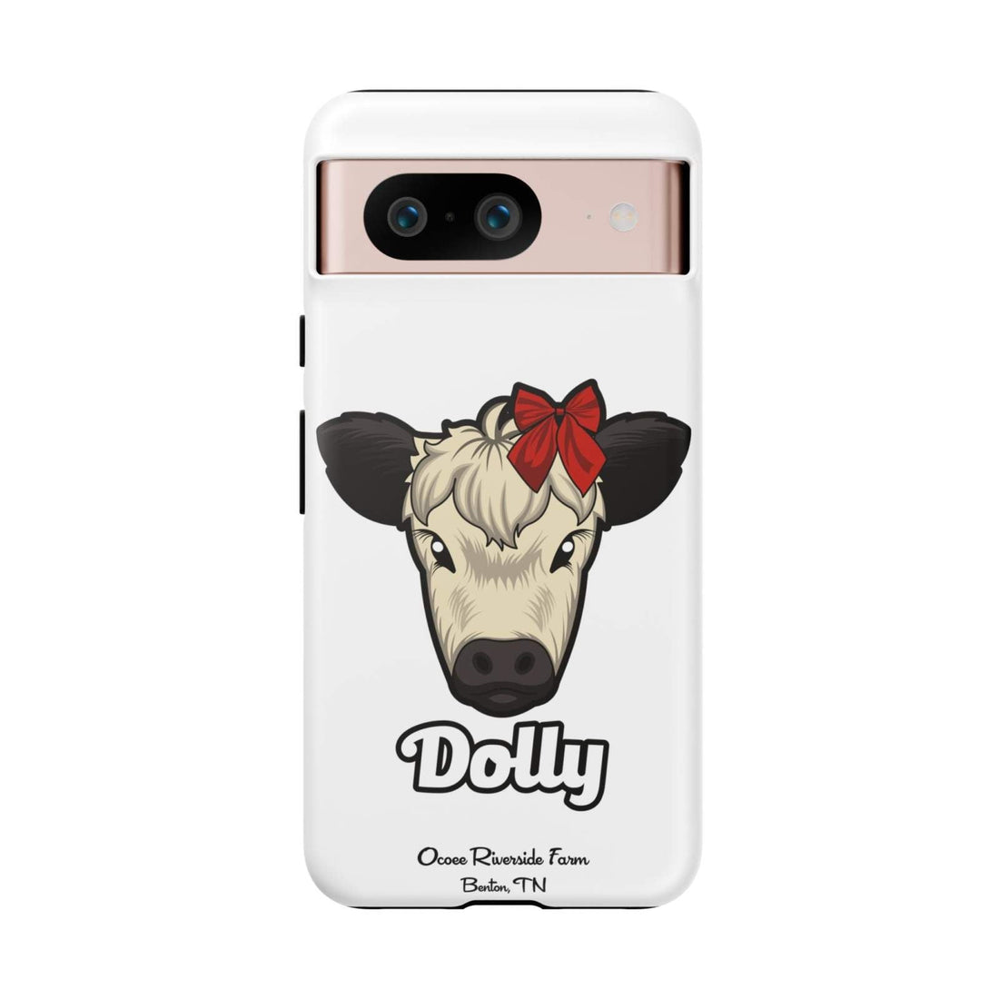 Farmhouse Chic Phone Case with Dolly cow design and red bow, durable and stylish protective cover