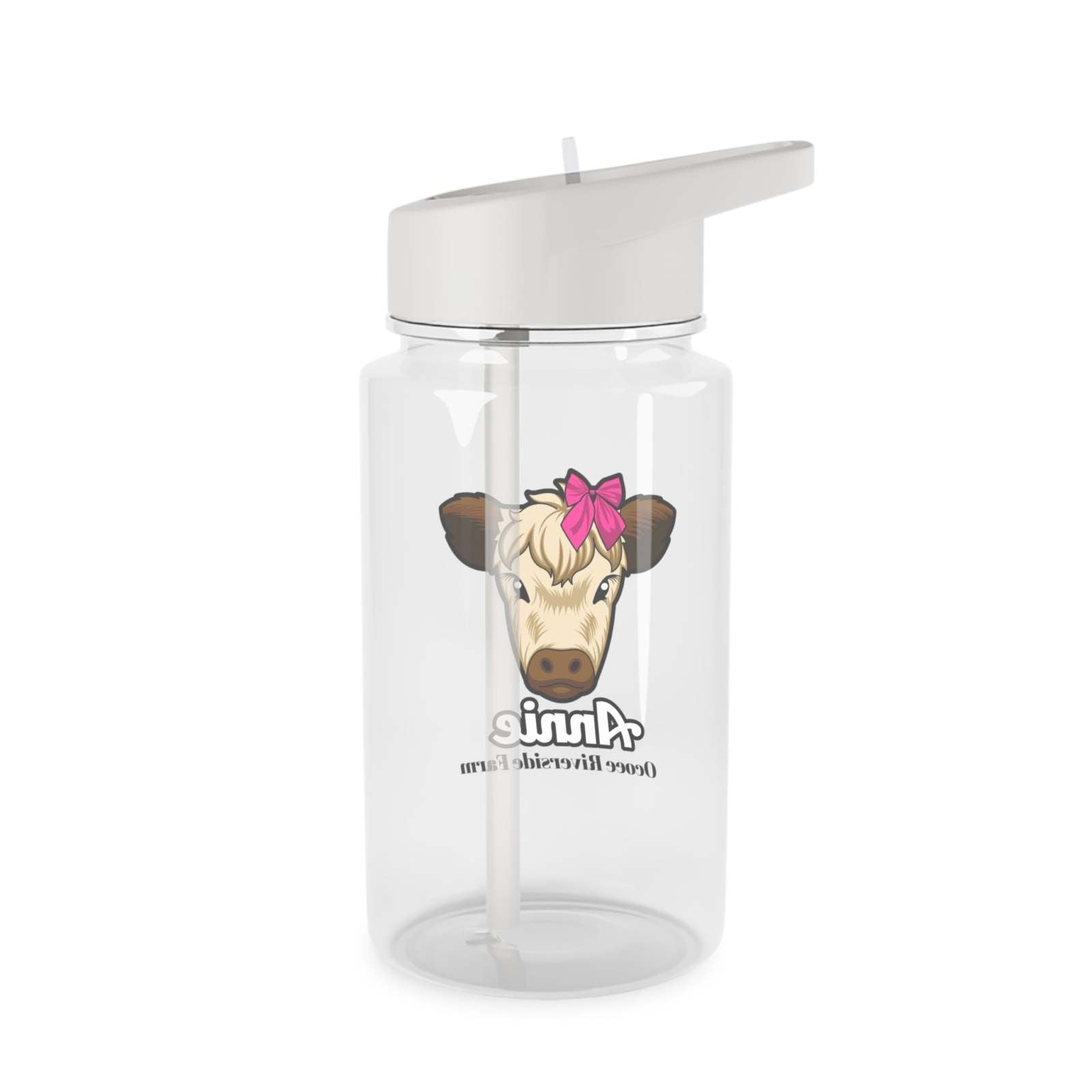Transparent farm animal water bottle with cow illustration and white spill-resistant lid with straw