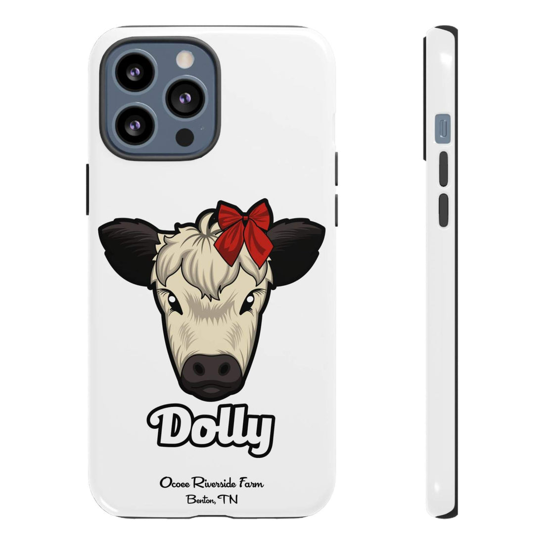 Farmhouse Chic Phone Case featuring Dolly the cow with a red bow, durable and stylish phone protection.